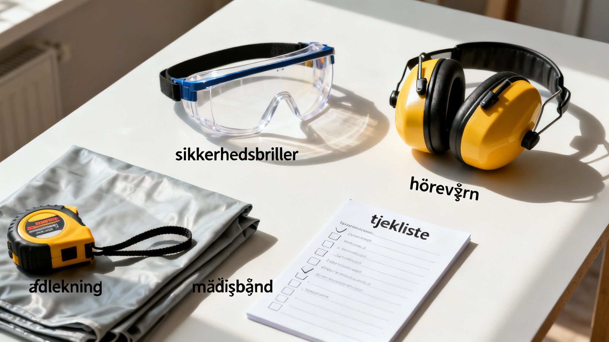 Sikkerhedsbriller, høreværn, målebånd, afdækning og tjekliste ligger klar til et byggeprojekt.