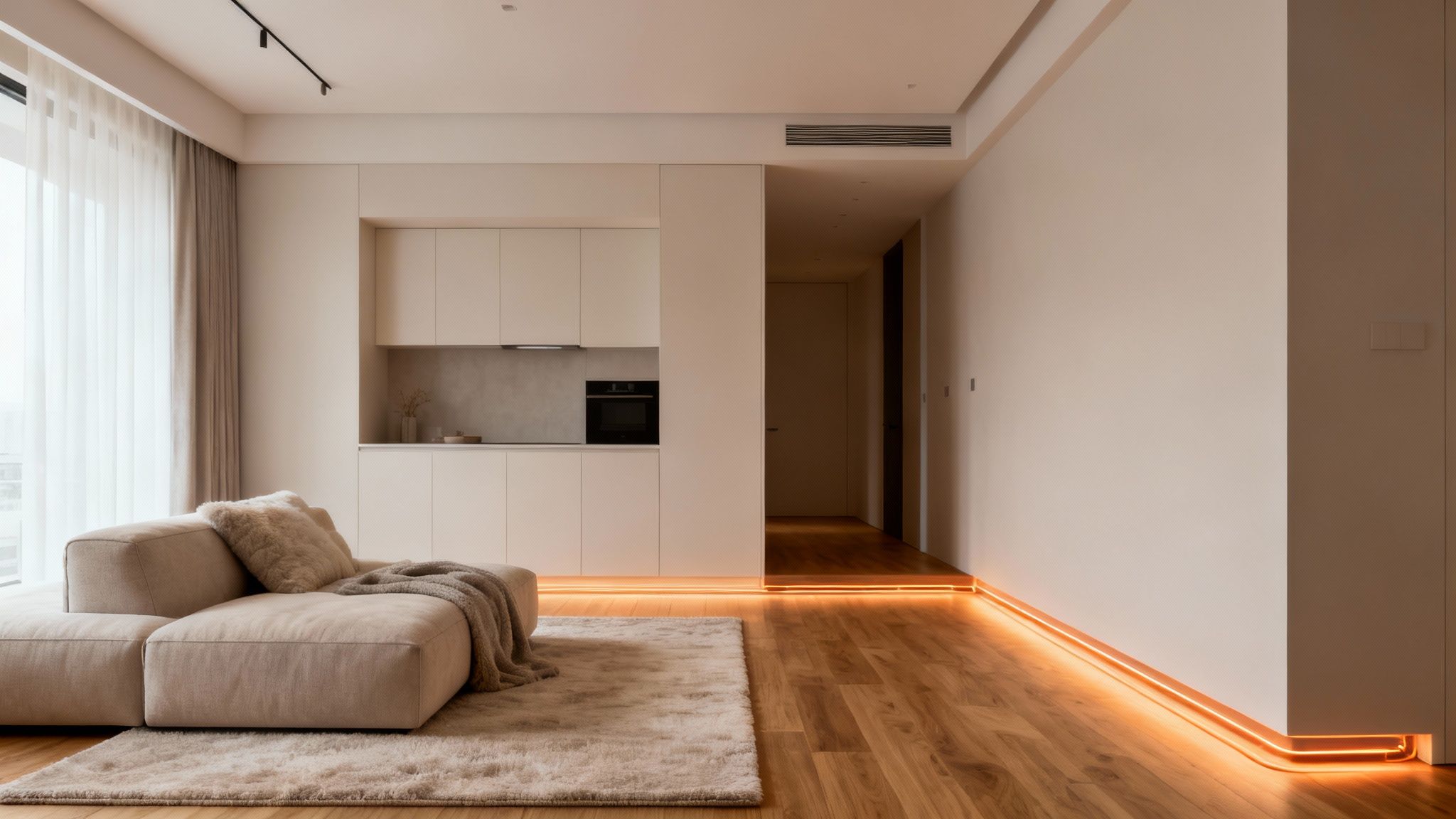 Et moderne, minimalistisk rum med en lys sofa, integreret køkken og orange LED-gulvbelysning.