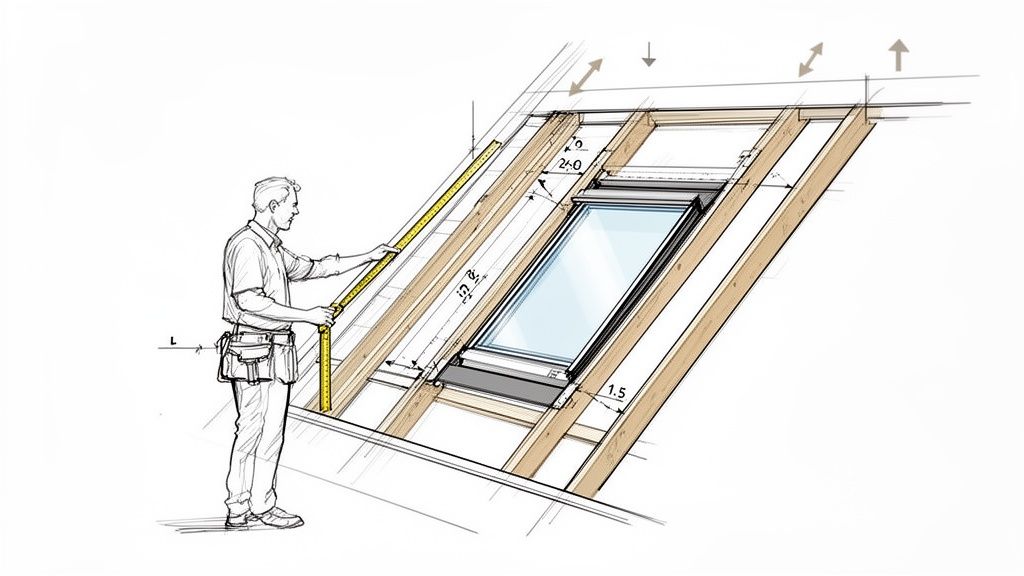 En mand måler til montering af et Velux tagvindue i en tagkonstruktion, med angivne mål for installationen.
