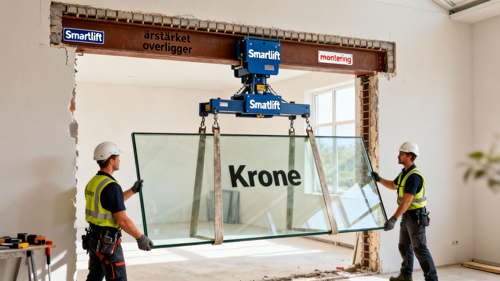 To bygningsarbejdere installerer en stor Krone-glasrude ved hjælp af en Smartlift-kran på en byggeplads.