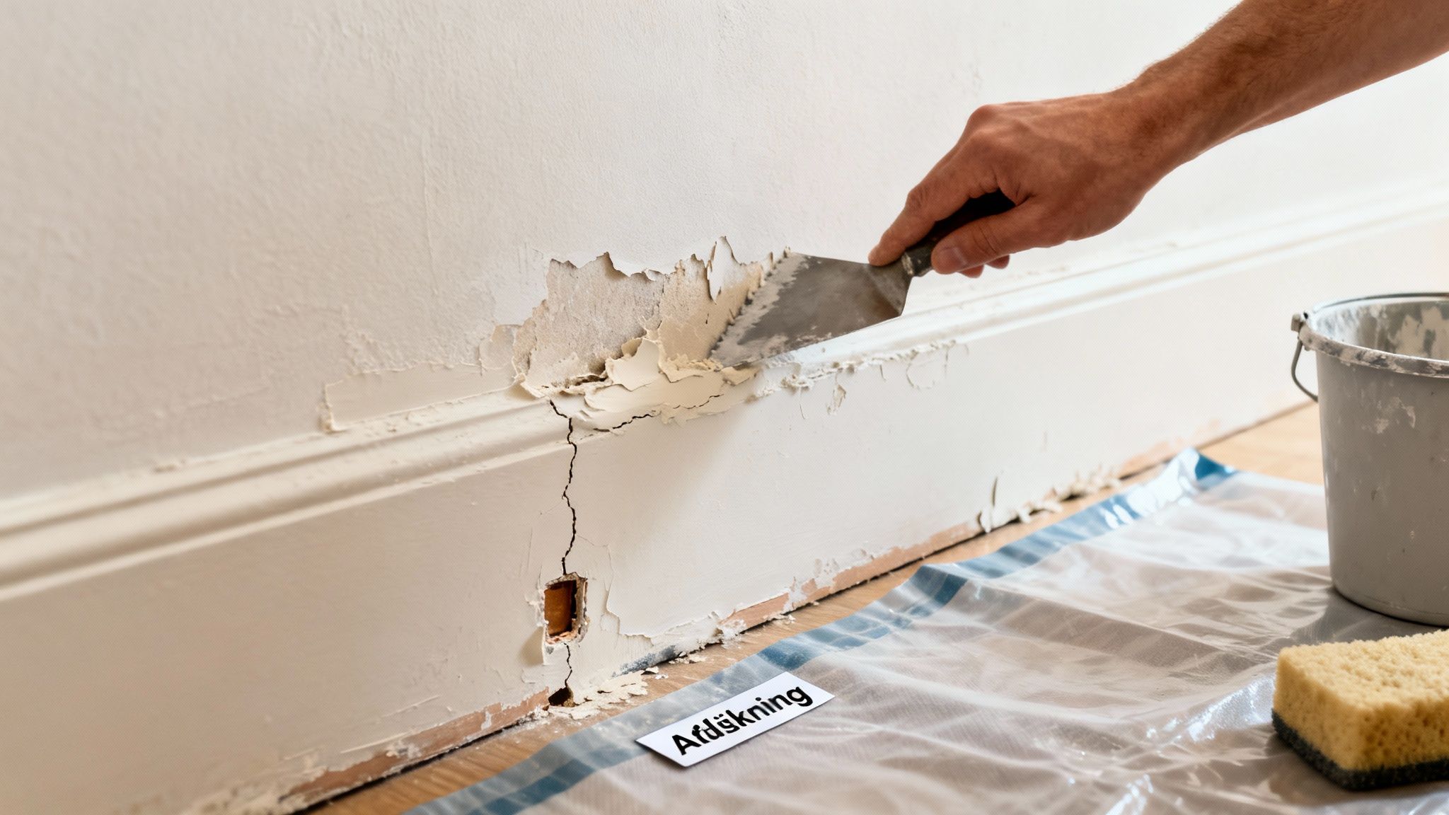 En person skraber løs maling af en væg med en spartel, hvor en revne og et hul er synligt.