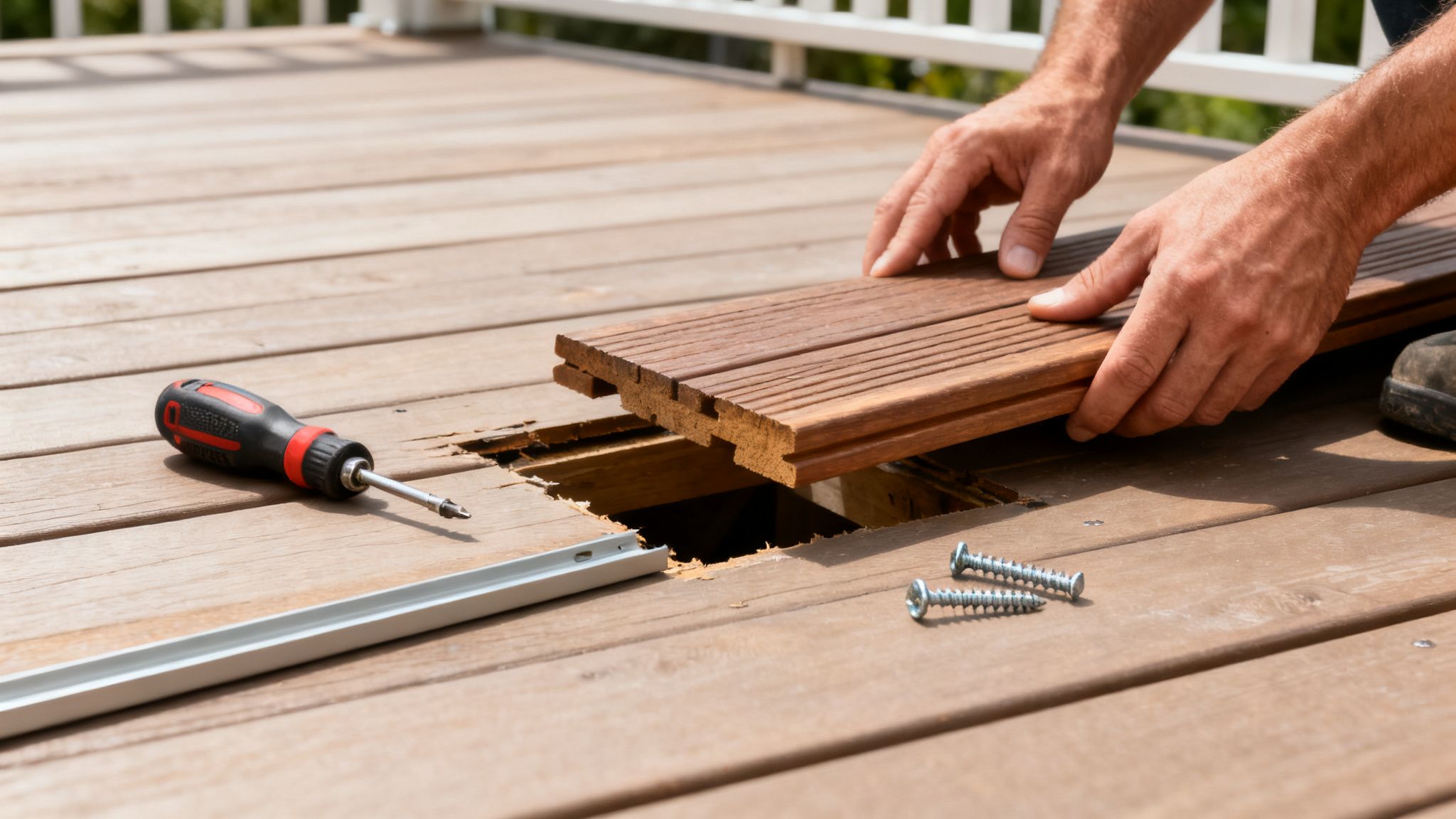 Hænder placerer en ny træplanke i en træterrasse, med en skruetrækker og skruer liggende ved siden af.