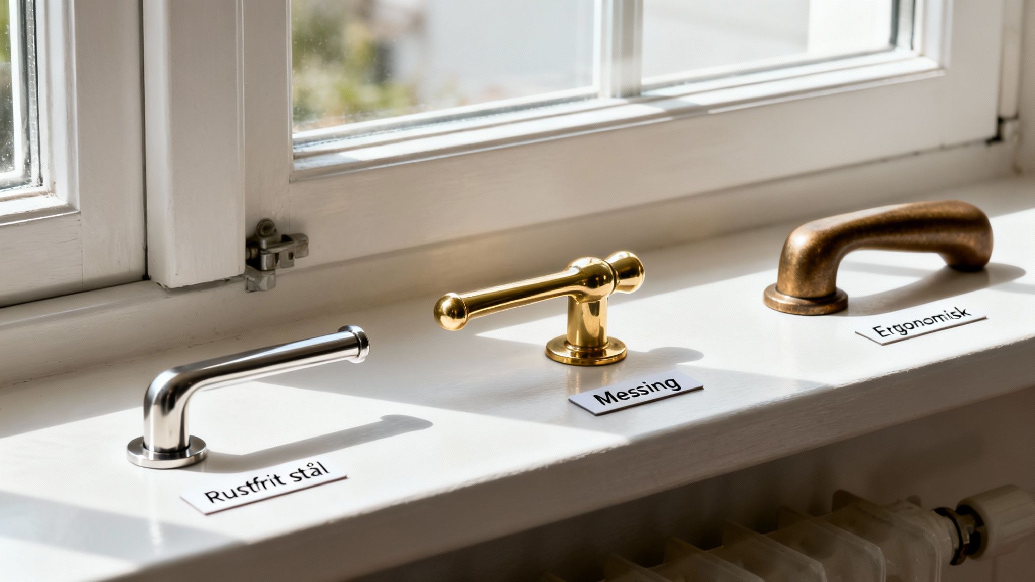 Tre forskellige vinduesgreb i rustfrit stål, messing og ergonomisk design på en vindueskarm.