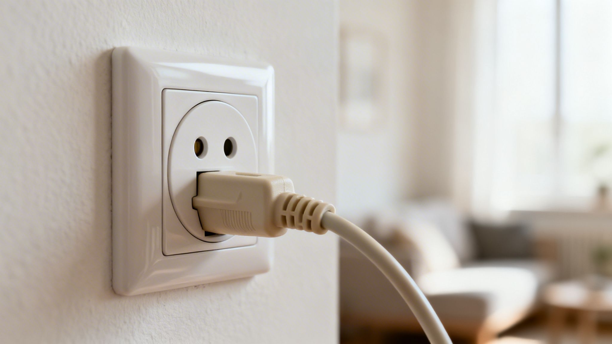 Hvid stikkontakt med indsat strømstik på en lys væg i et hjem.