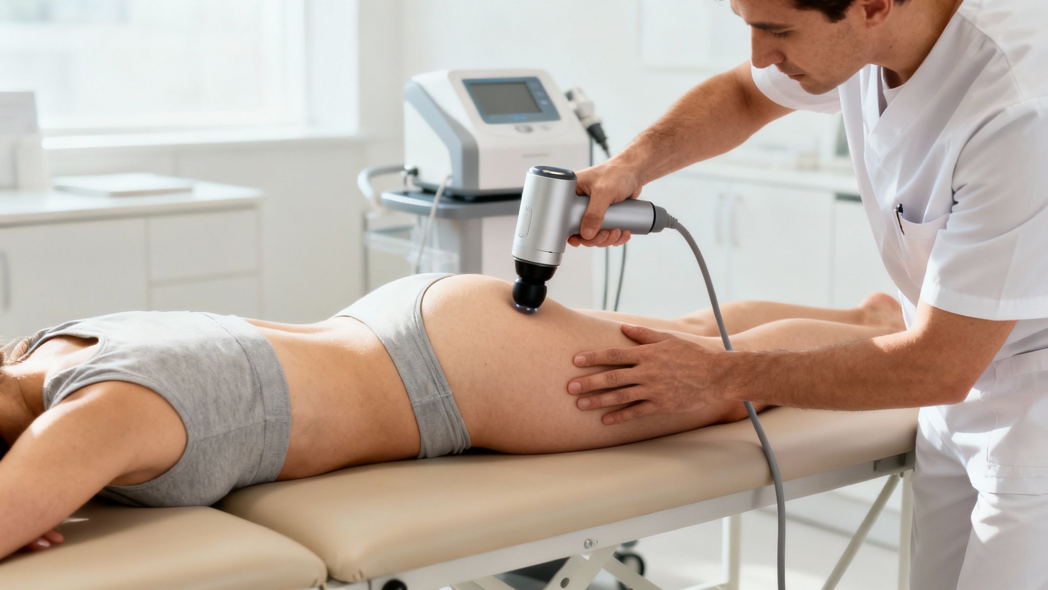 En terapeut behandler en kvindes hofte og balde med et medicinsk apparat på en behandlingsbriks.