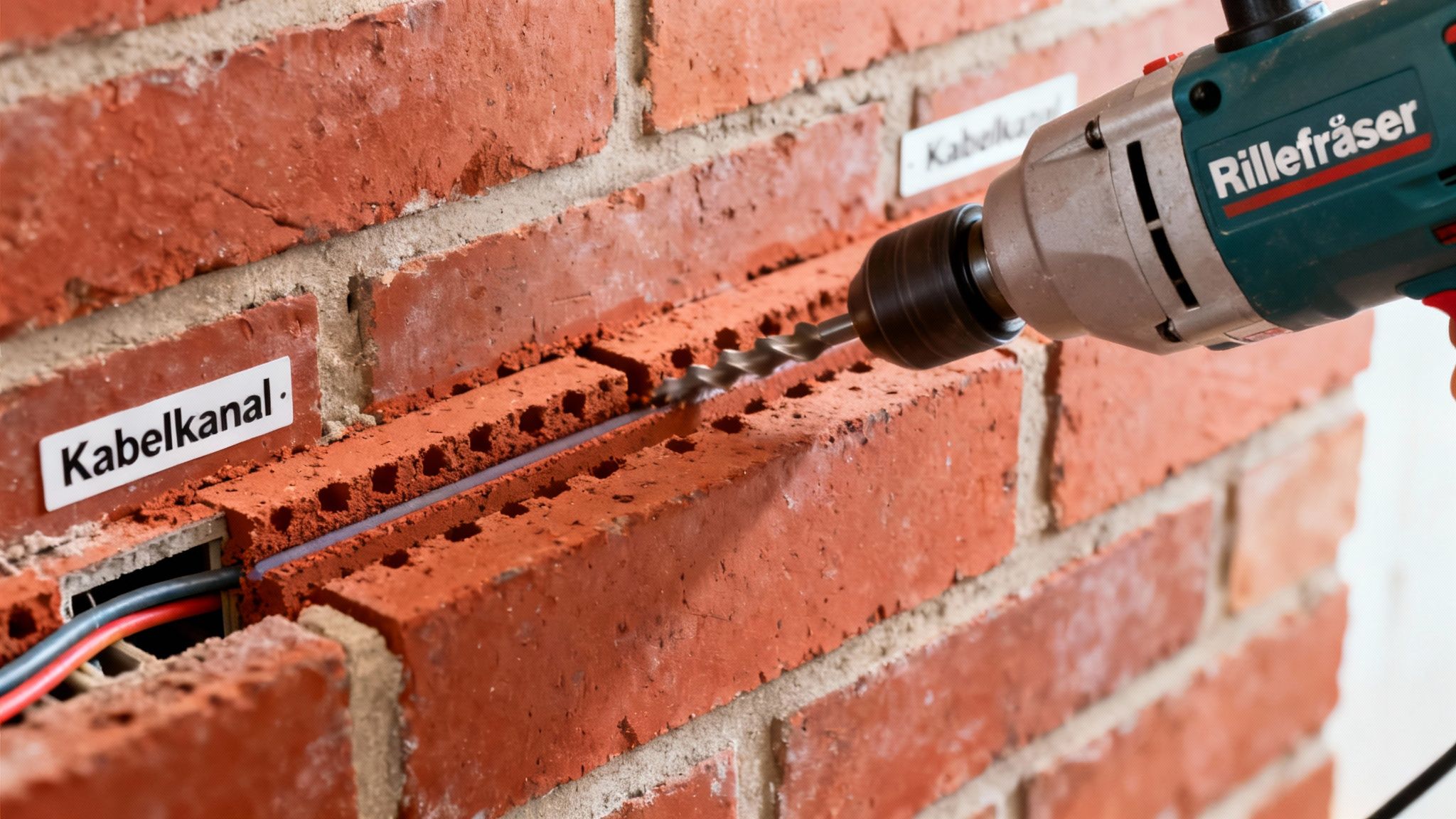 En boremaskine mærket 'Rillefräser' borer en rille i en murstensvæg til en kabelkanal.