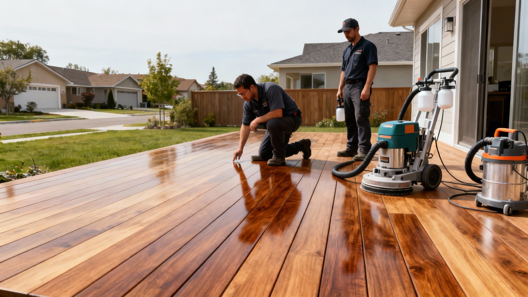 To mænd arbejder på at oliere en skinnende træterrasse med professionelt udstyr en solrig dag.