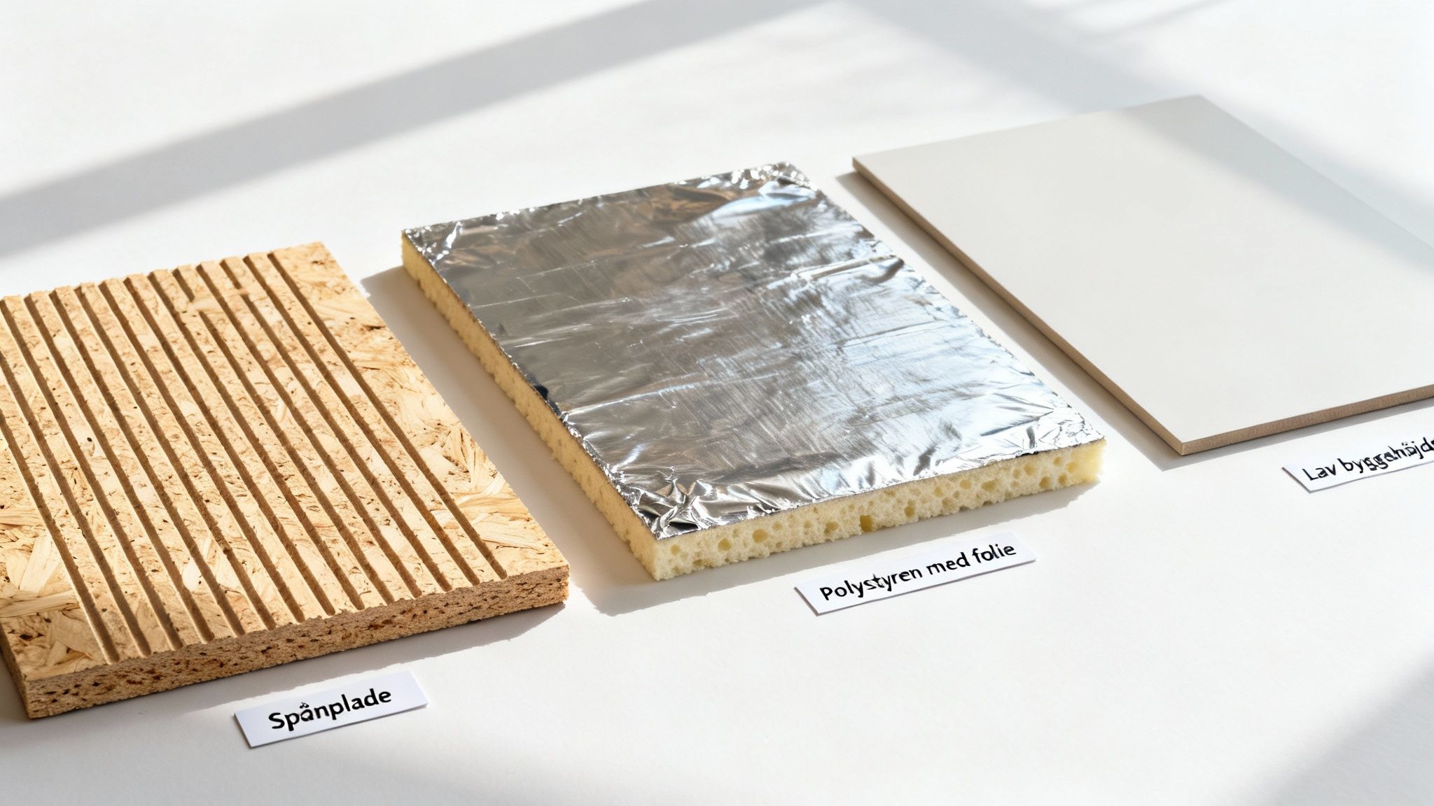 Tre eksempler på byggematerialer: spånplade, polystyren med folie og en hvid plade med lav byggehøjde.