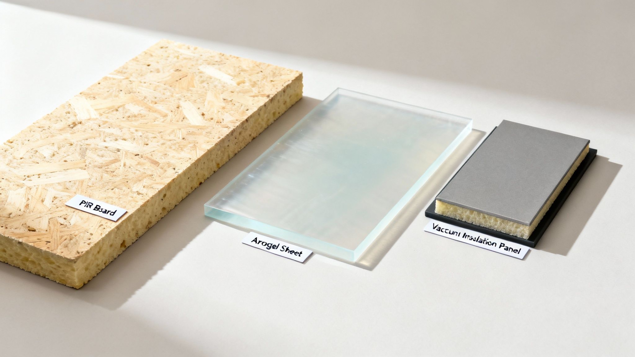 Et udvalg af forskellige tynde isoleringsmaterialer ligger på et bord.