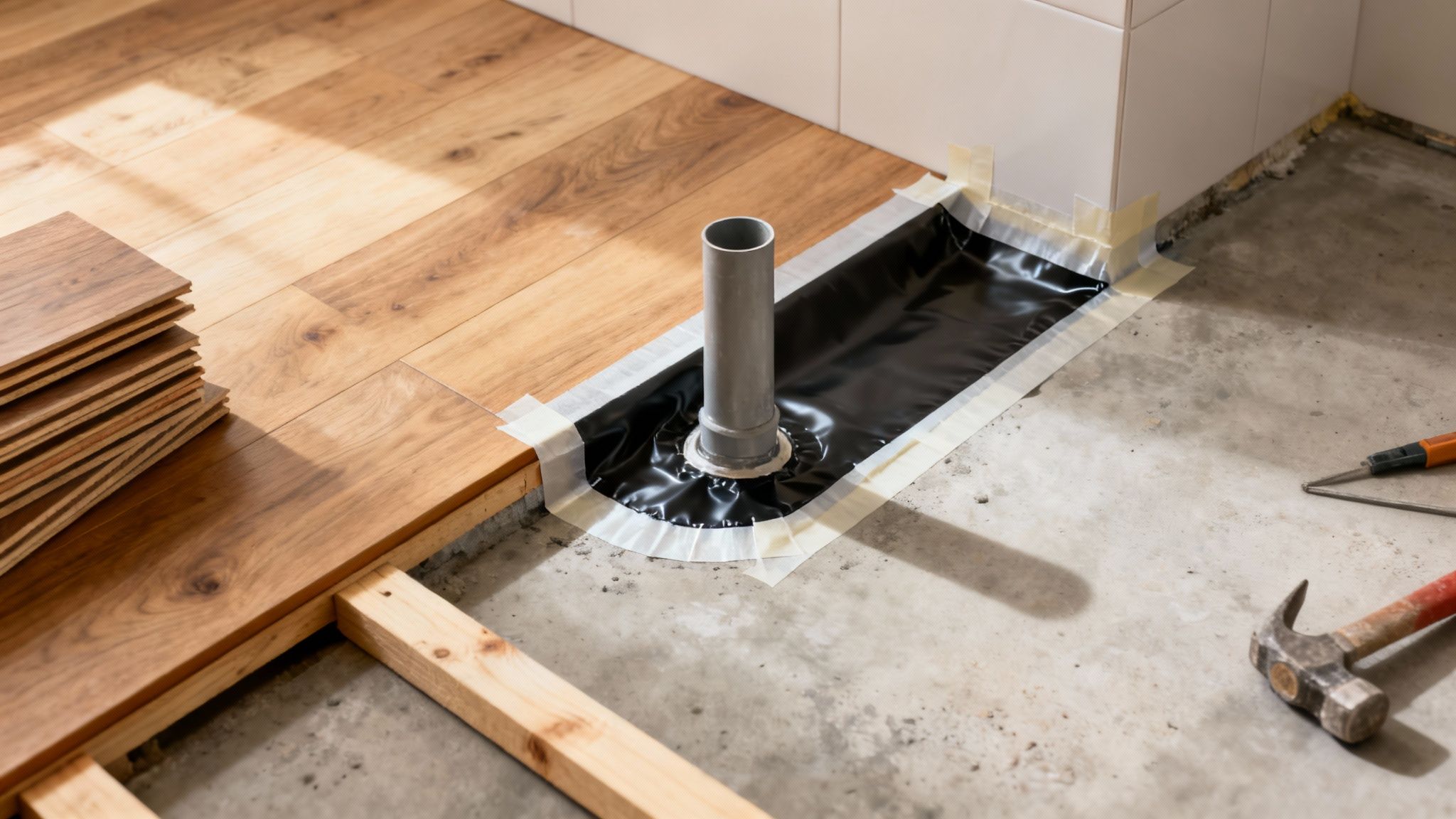 Trægulv installeres i et badeværelse, med vandtæt membran og afløbsrør. Værktøj ligger klar.