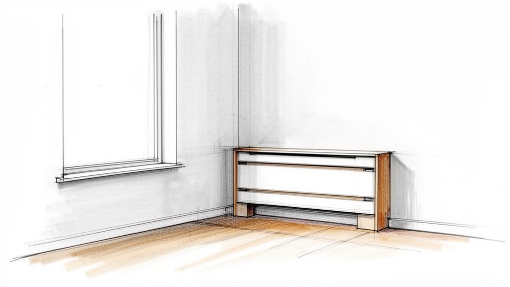 Skitse af et minimalistisk rum med vindue, trægulv og en skræddersyet hvid radiatorskjuler.