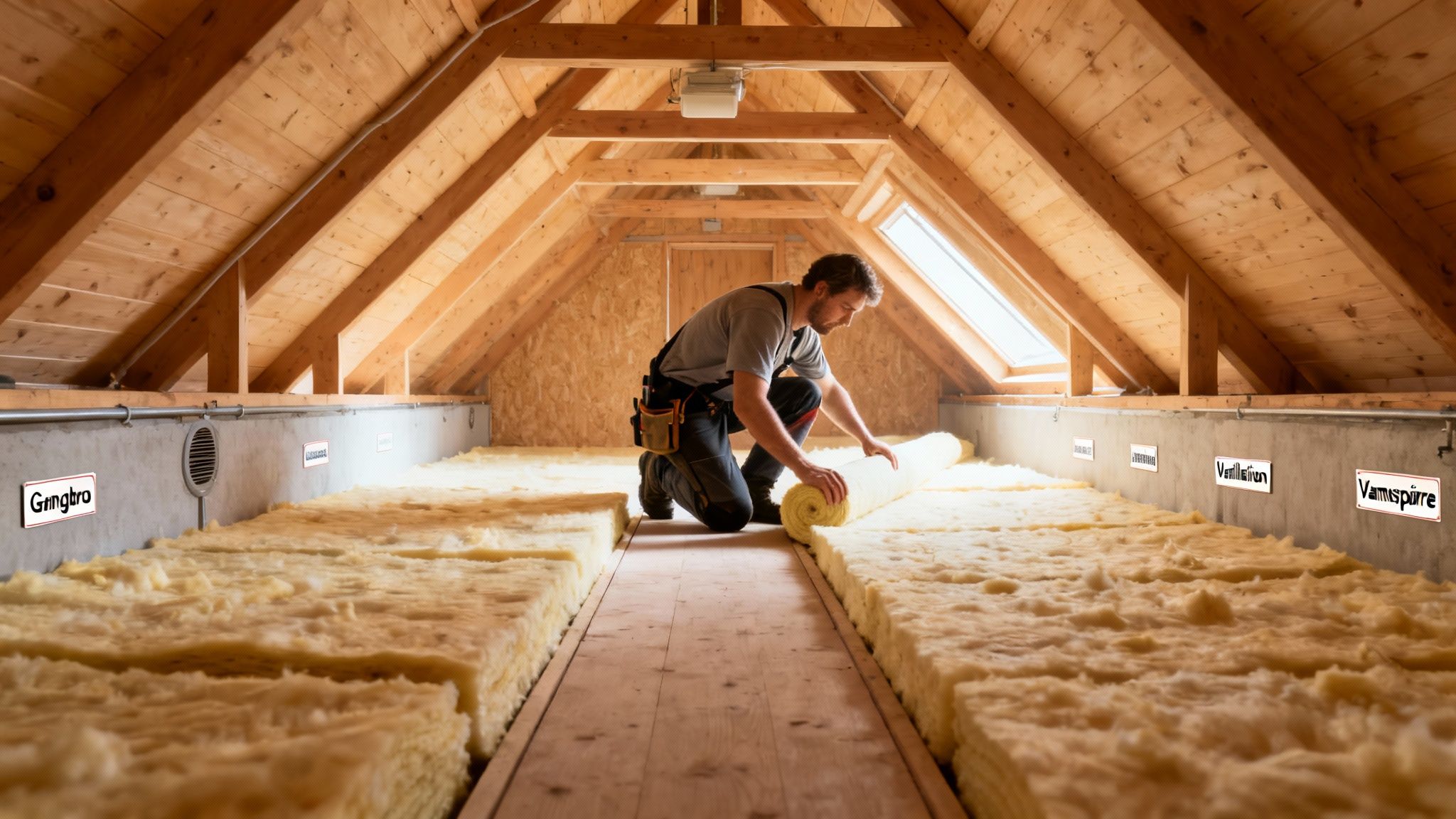 En mand lægger isolering på et loft for at forbedre energieffektiviteten i et hus.
