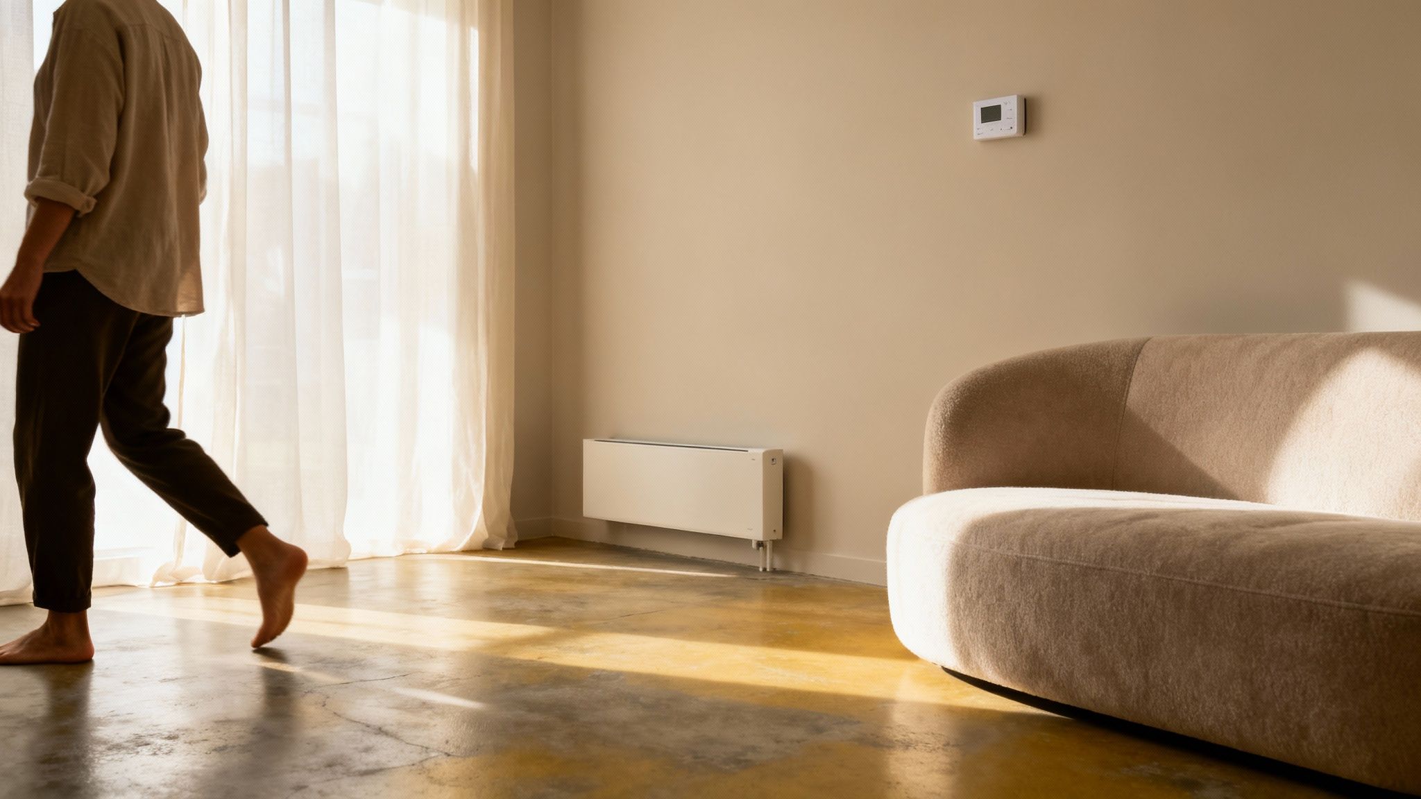 Person går barfodet i et moderne rum med varmepumpe og termostat, hvor sollys rammer gulvet.