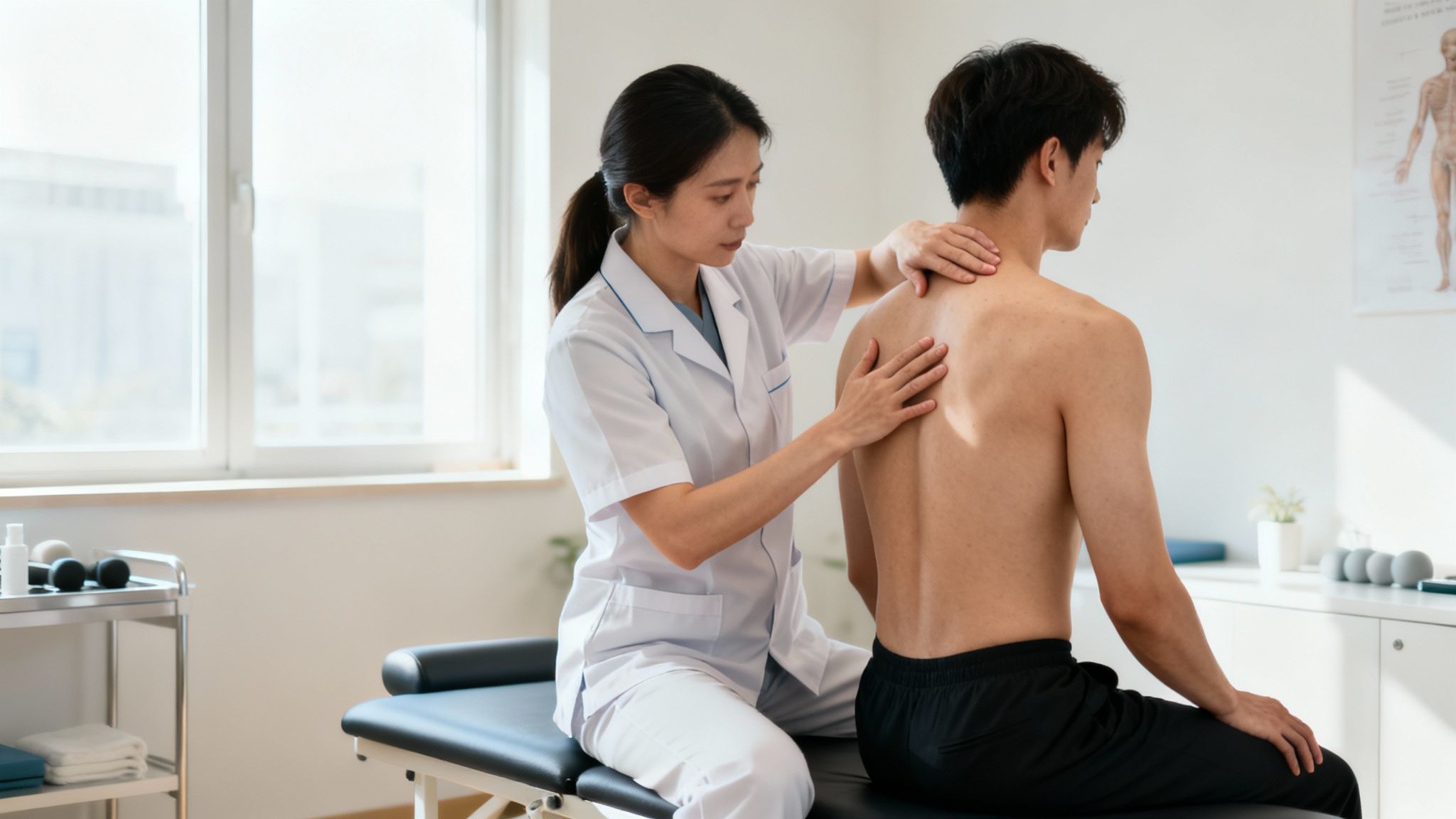 Kvindelig fysioterapeut undersøger en mandlig patients ryg og skulder på en briks i en lys klinik.