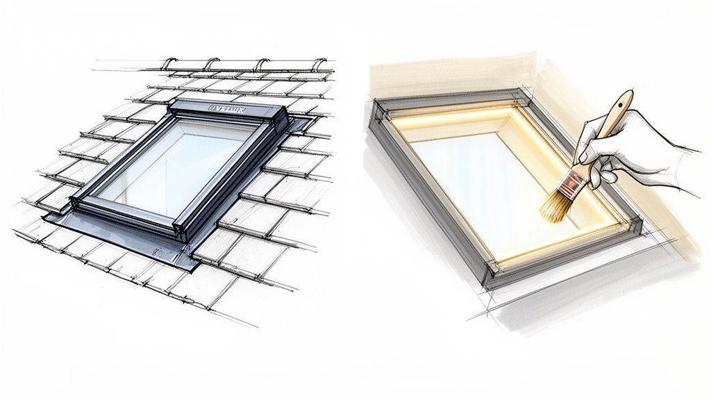 To skitser: et VELUX tagvindue på et tegltag og maling af dets indvendige karm.