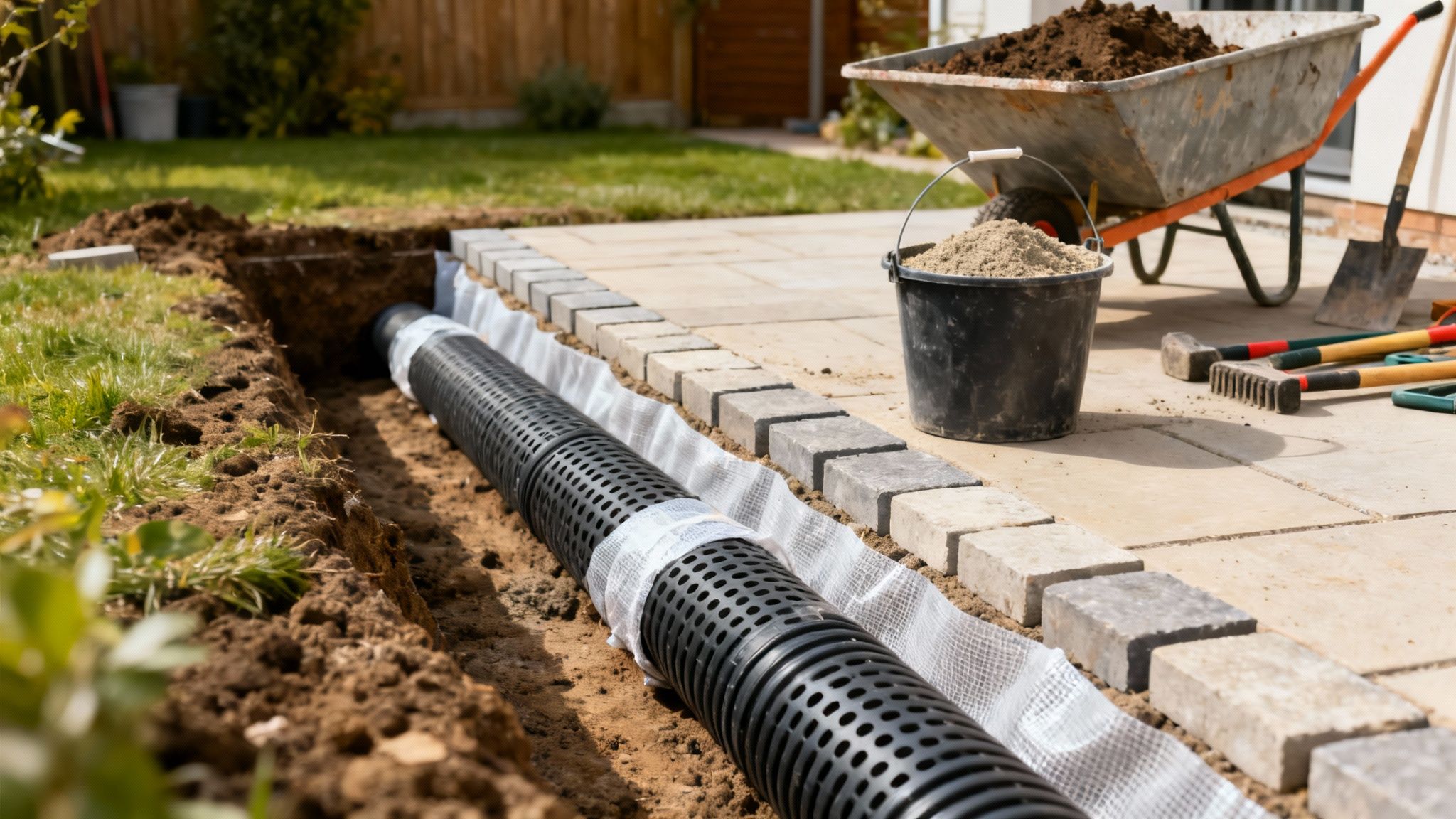 Lægning af et drænrør i en grøft ved siden af flisebelægning i en have. Med trillebør, sand og haveredskaber.