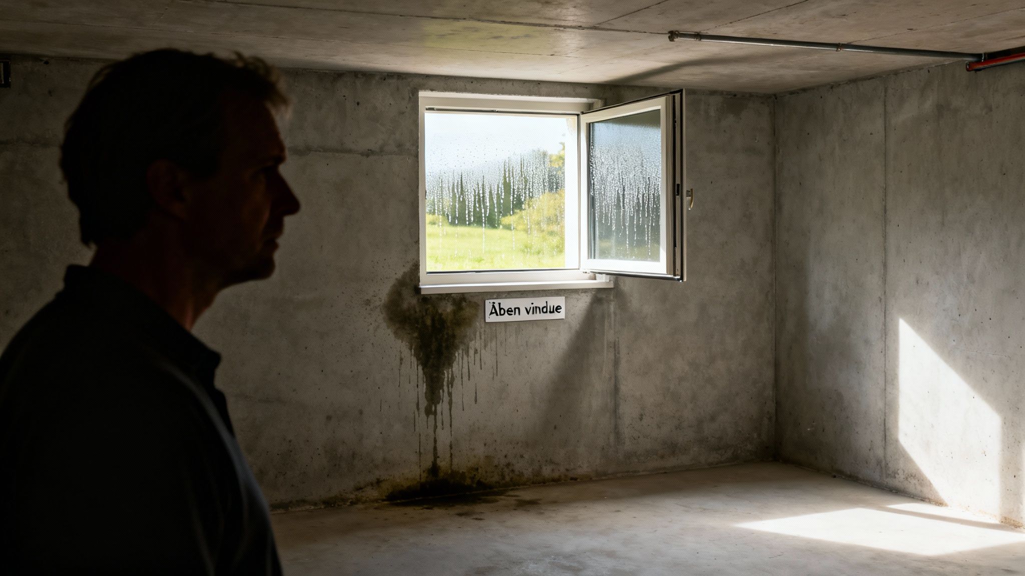En mand står i et fugtigt kælderrum med et åbent vindue, kondens og vandskader. Et skilt siger 'Åben vindue'.