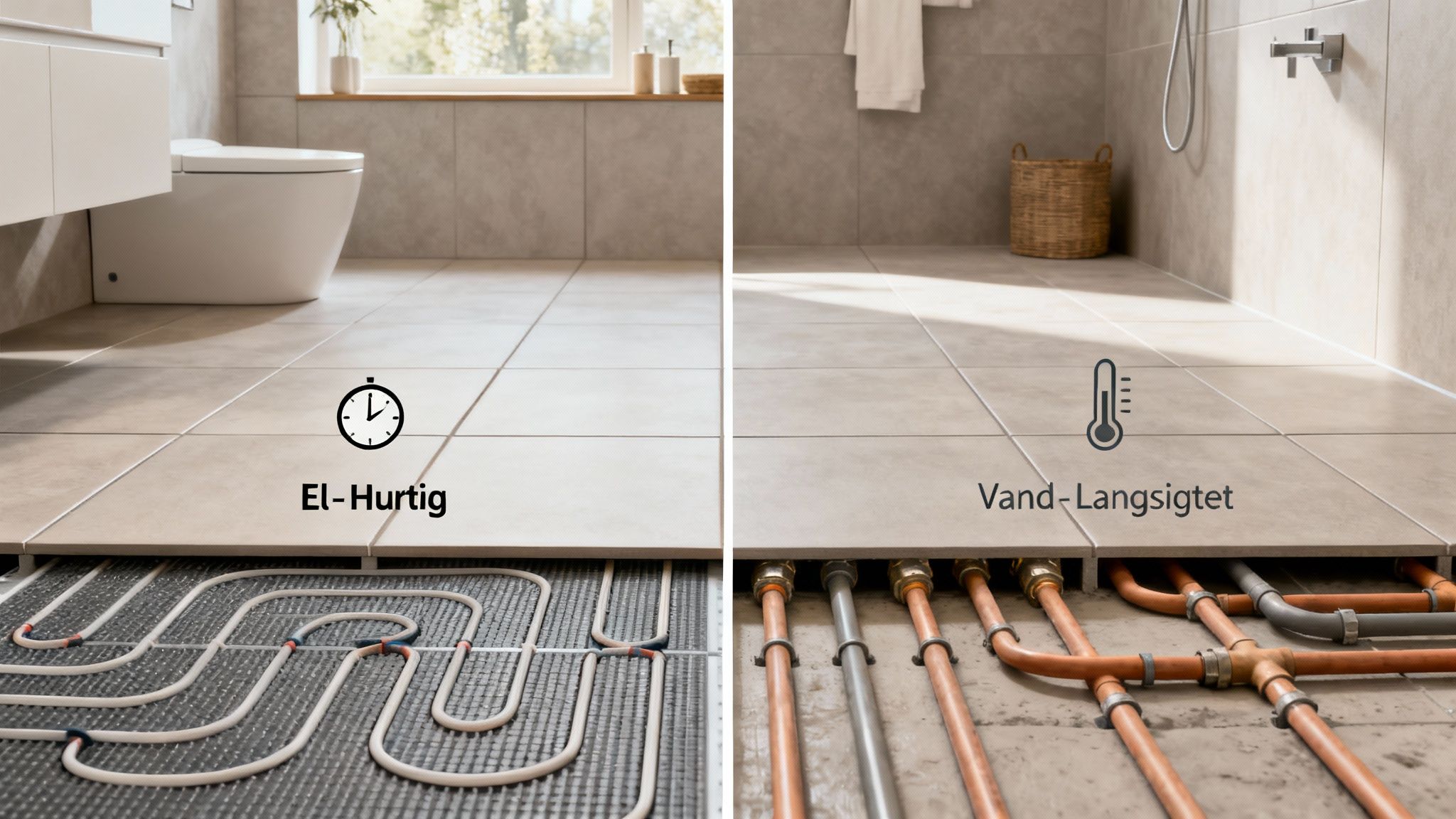 To badeværelsesgulve med synlig el-gulvvarme og vandbåren gulvvarme, der viser hurtig vs. langsigtet opvarmning.