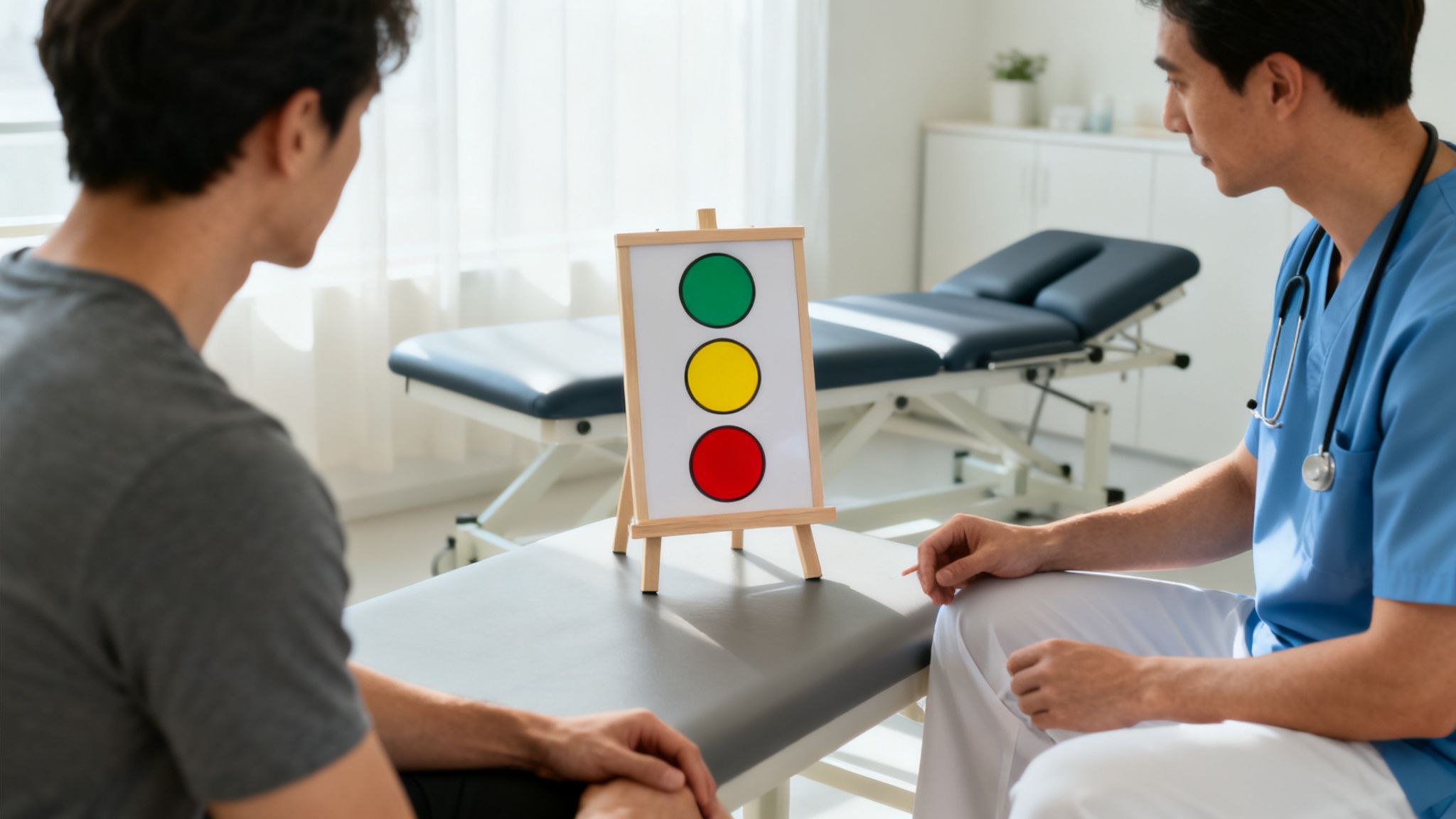 En læge og patient kigger på en tavle med grønne, gule og røde cirkler under en konsultation.