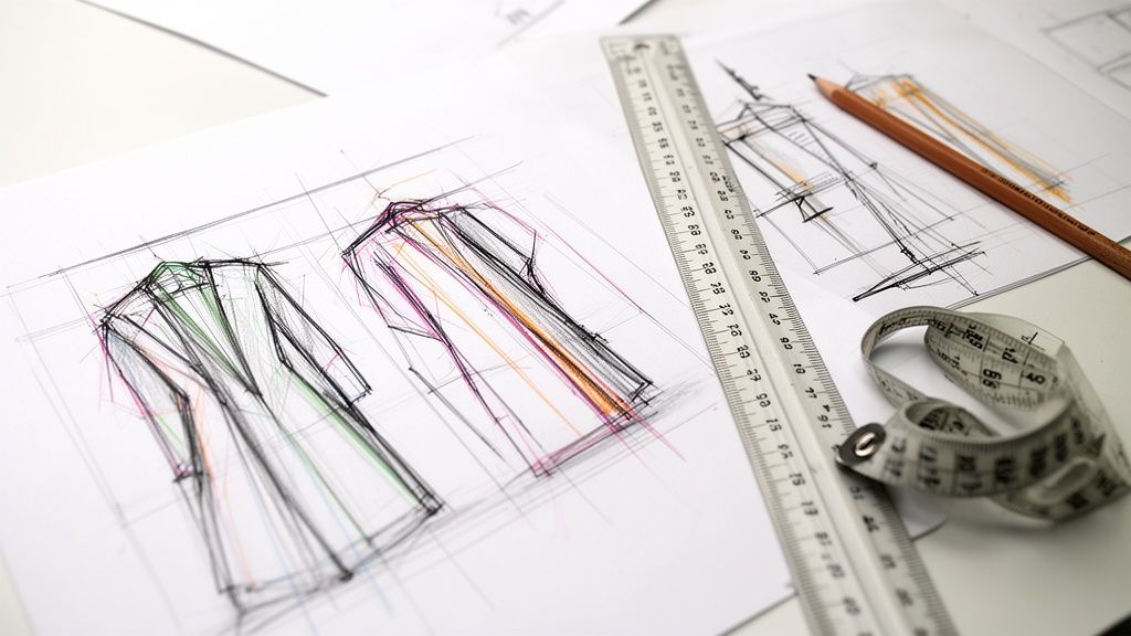 Detaljeret billede af modedesign skitser med en lineal, blyant og målebånd på et hvidt bord.