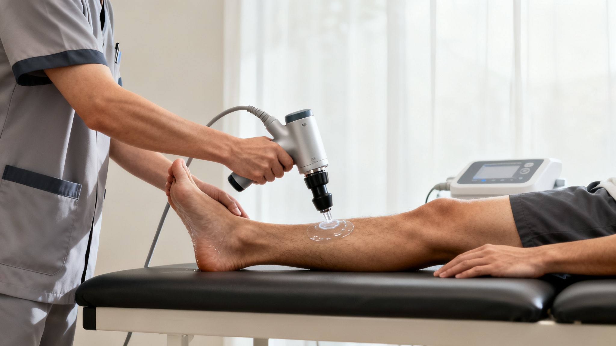 Terapeut giver chokbølgebehandling på en patients underben i en klinik for at lindre smerter.