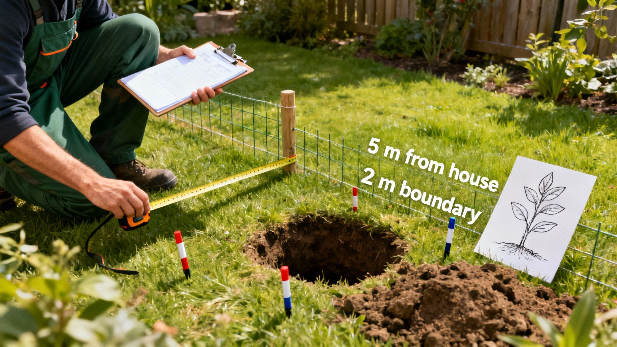 En person måler afstande i en have med et målebånd ved et nygravet hul, markører og en plantetegning.