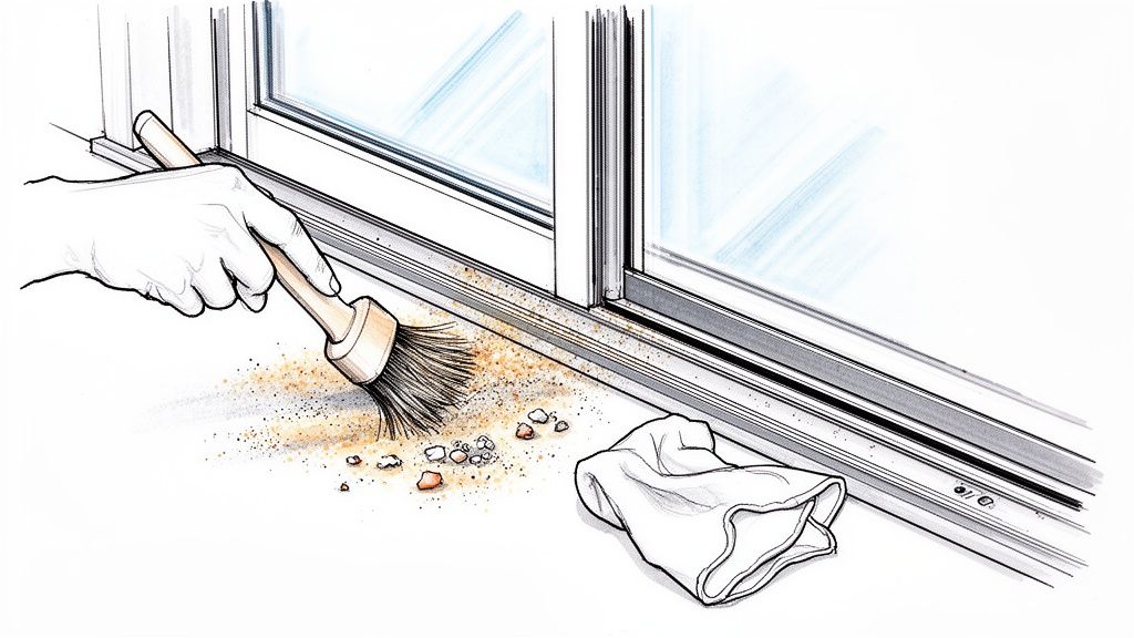 En hånd bruger en børste til at rengøre snavs fra skinnen på en foldedør eller skydedør.