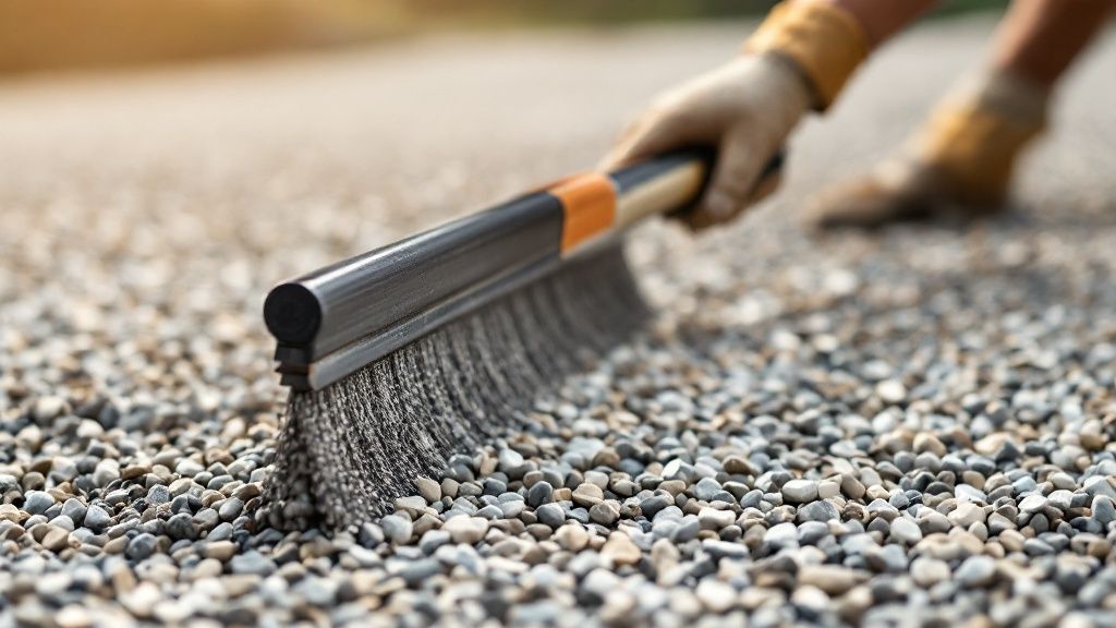 Udgravet område til en indkørsel, hvor en pladevibrator komprimerer et lag stabilgrus