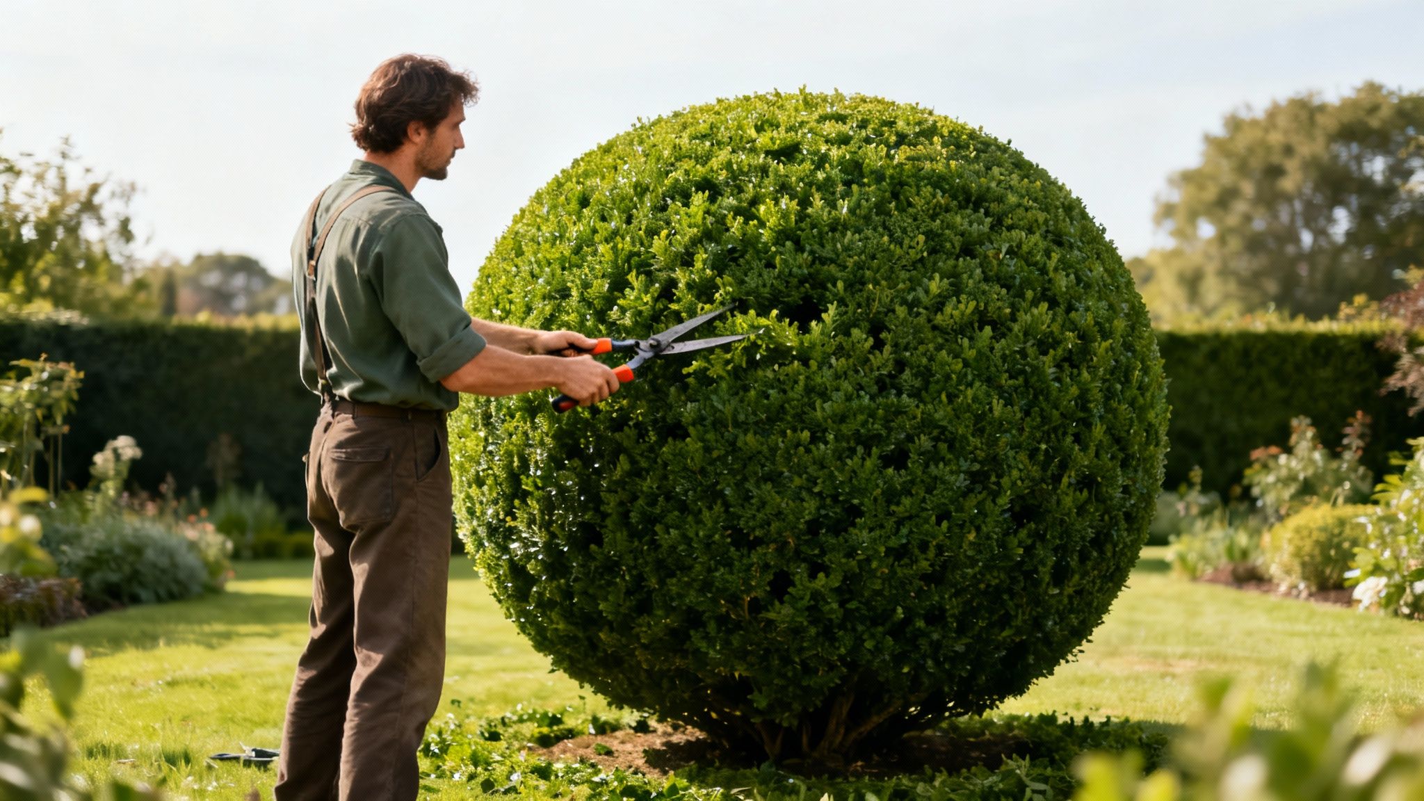Mand beskærer en stor kugleformet buksbom med hækkesaks i en solrig have.