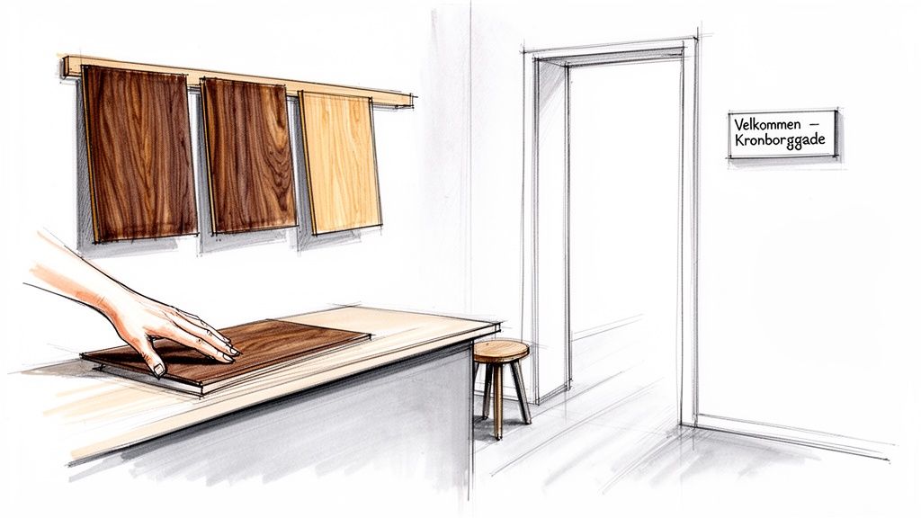 Hånd vælger træprøve på bord i et designstudie med flere træprøver på væggen.