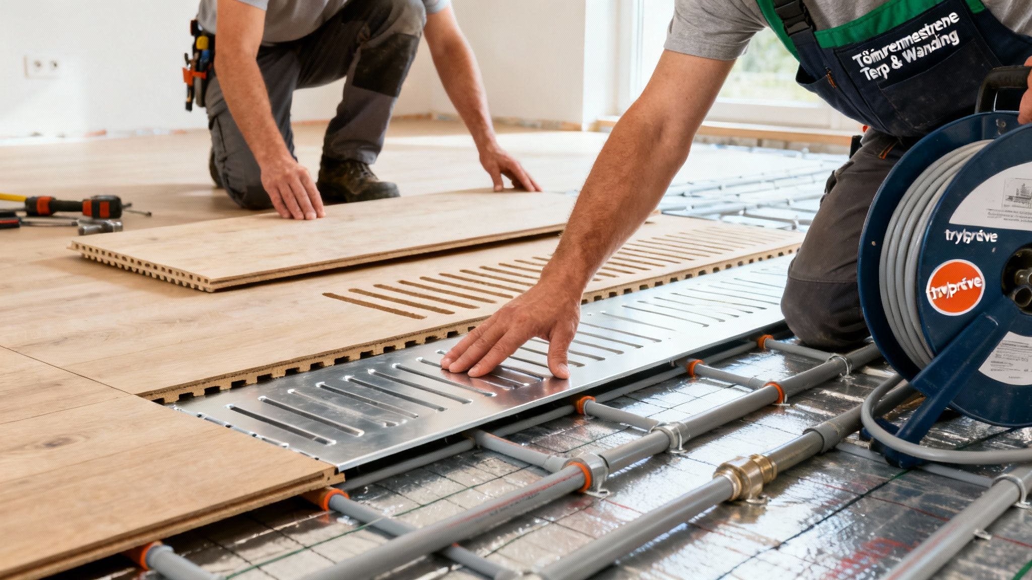Håndværkere installerer gulvvarme med rør og metalplader, mens de lægger trægulv.