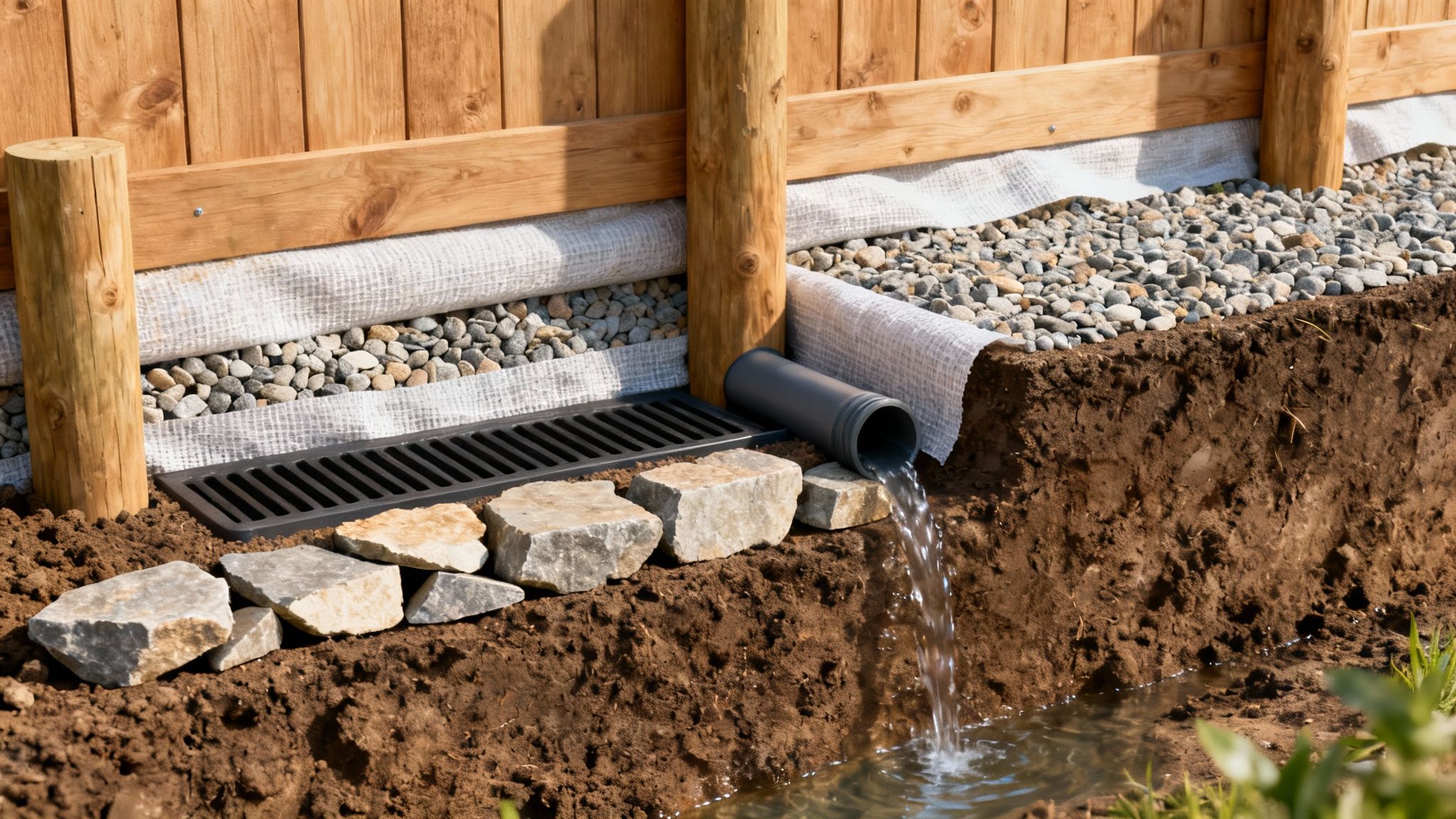 Drænsystem langs træstøttemur med grus, geotekstil og vandafledning i udgravet grøft.