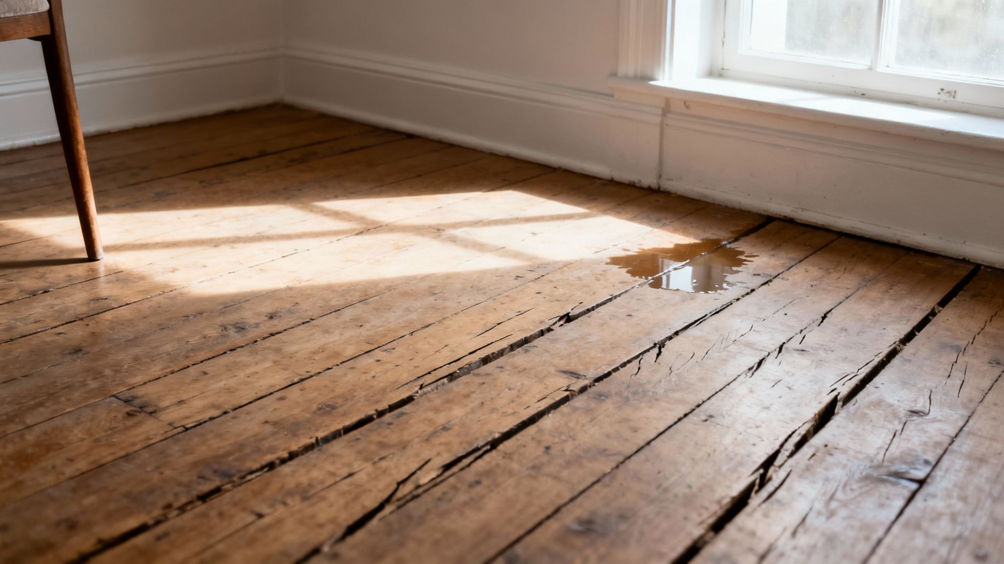 Vandpyt på et gammelt, slidt trægulv med sprækker ved et vindue med sollys.
