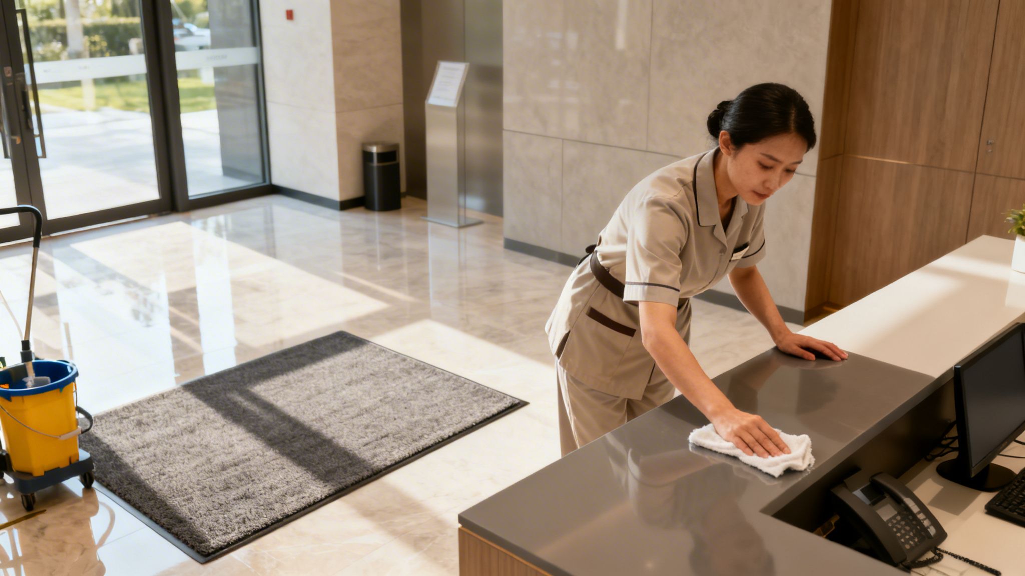 En rengøringsassistent tørrer en receptionsdisk af i en lys og moderne lobby.