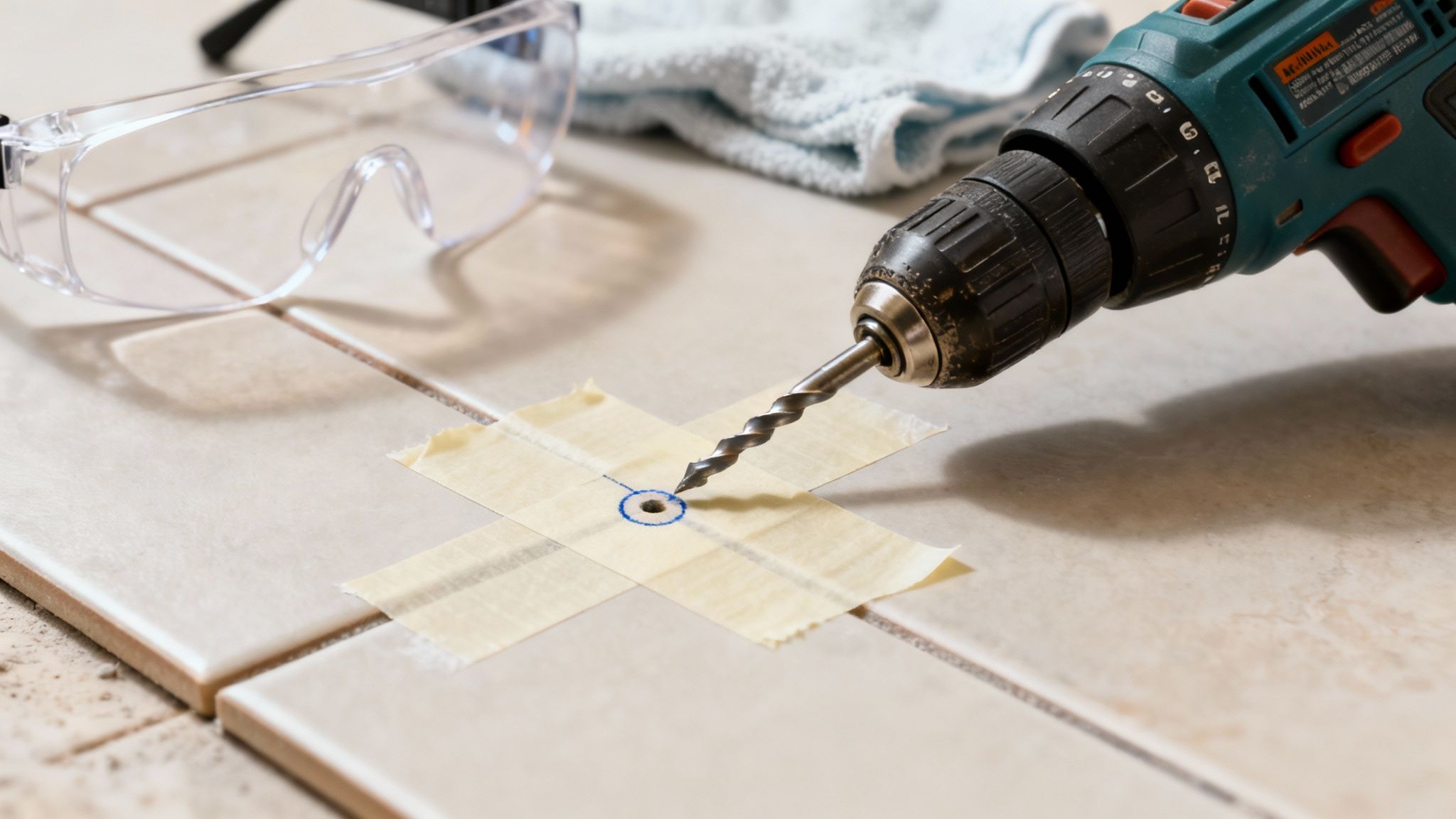 En boremaskine med bor er placeret på en flise med malertape og en blyantmarkering. Sikkerhedsbriller og et håndklæde ligger i baggrunden.