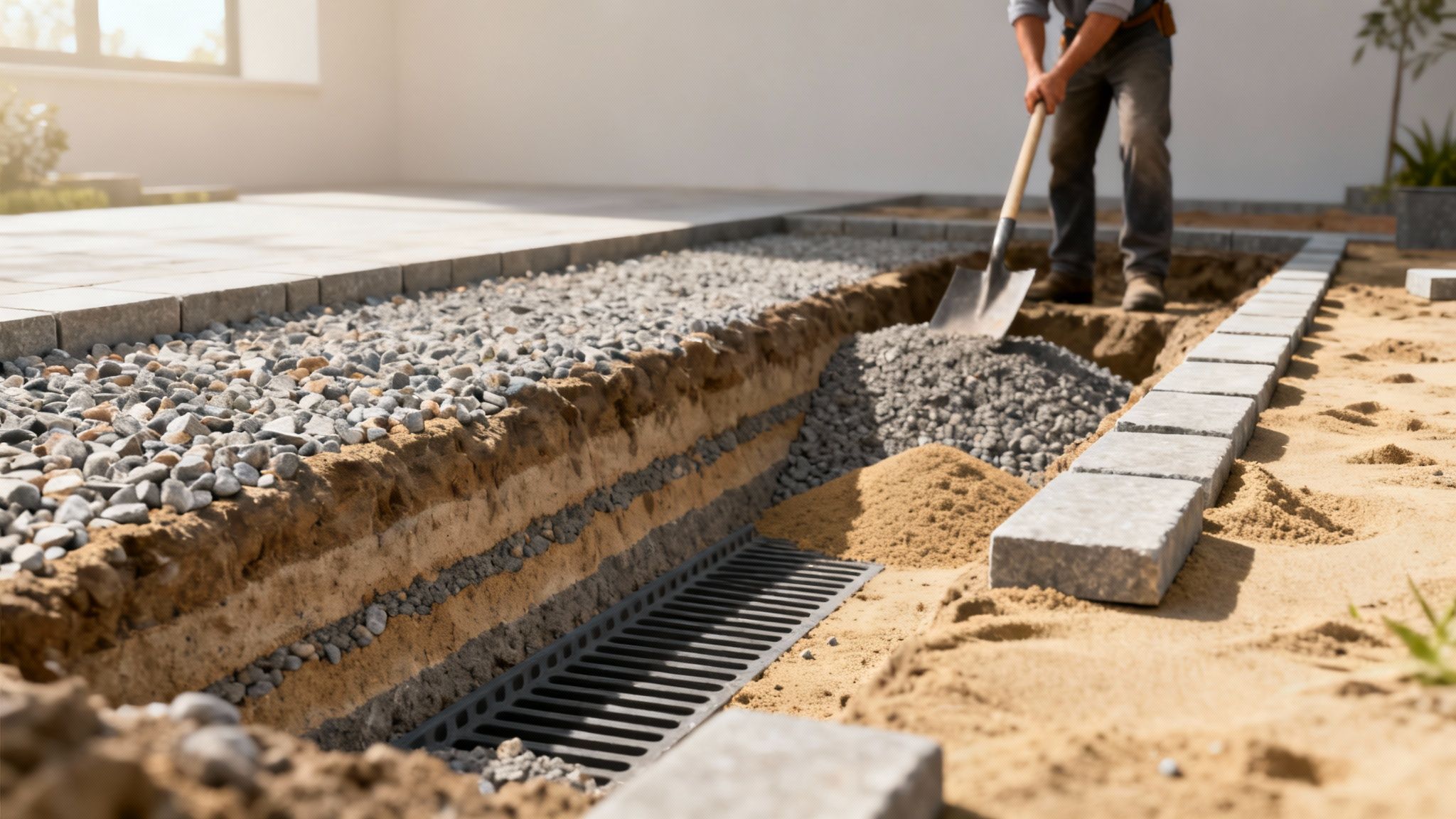 Anlægning af havegang eller terrasse. En grøft med dræn, grus og sand, og en arbejder lægger kantsten.