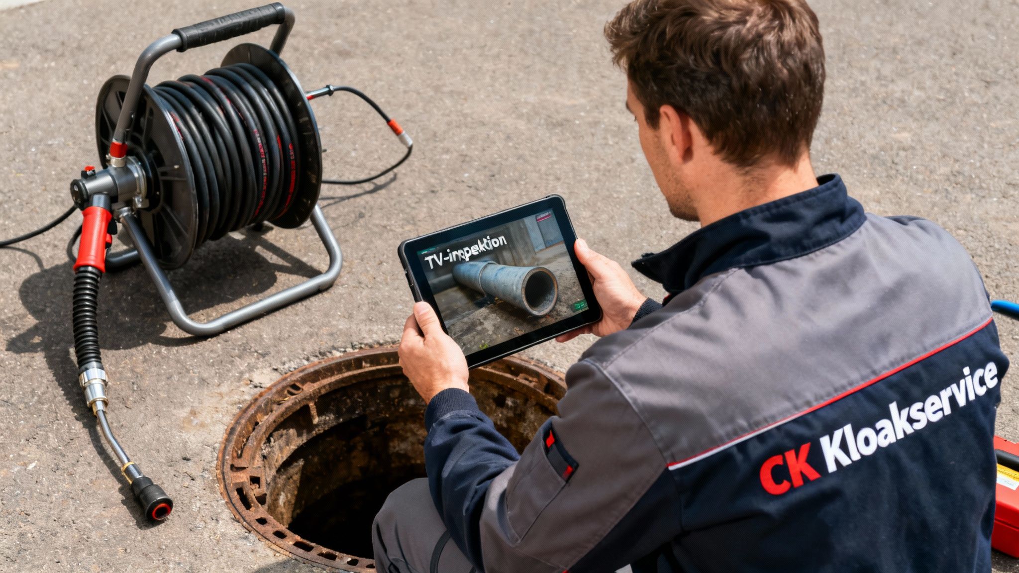En tekniker udfører TV-inspektion af kloakrør med en tablet og specialudstyr ved et mandehul.