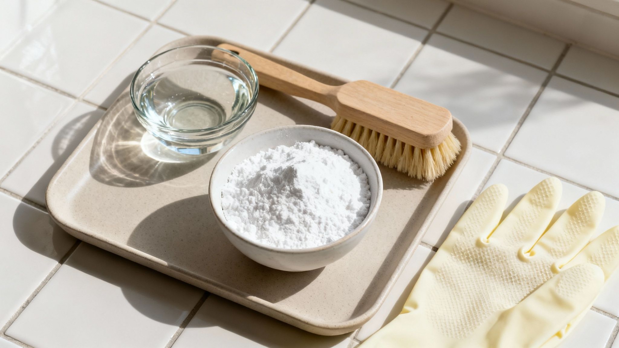 Rengøringsmidler på en bakke: hvidt pulver, væske, en træbørste og gule gummihandsker på hvide fliser i sollys.