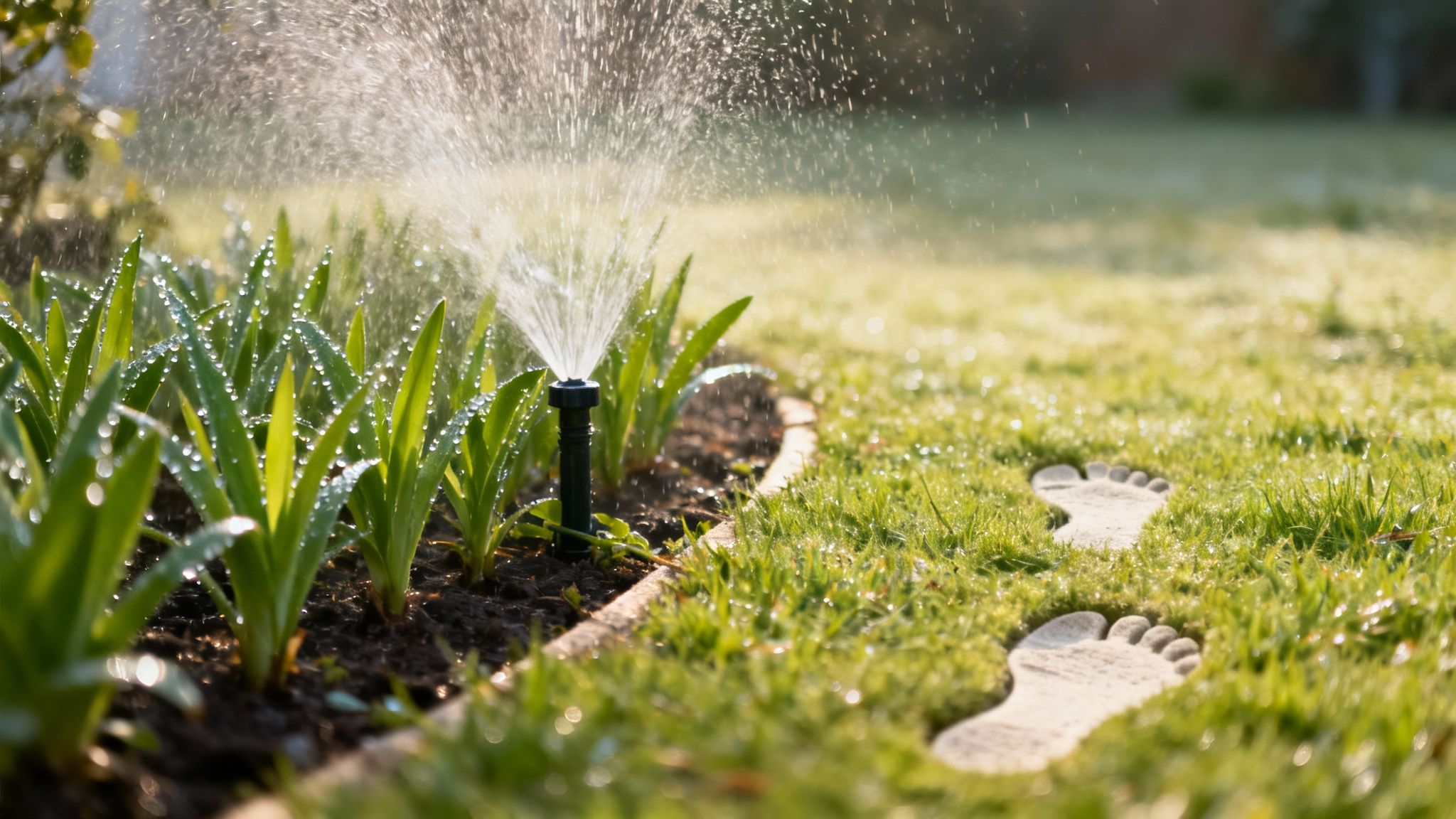 Vandingsanlæg sprøjter vand på frodige, grønne planter med dugdråber i en have.