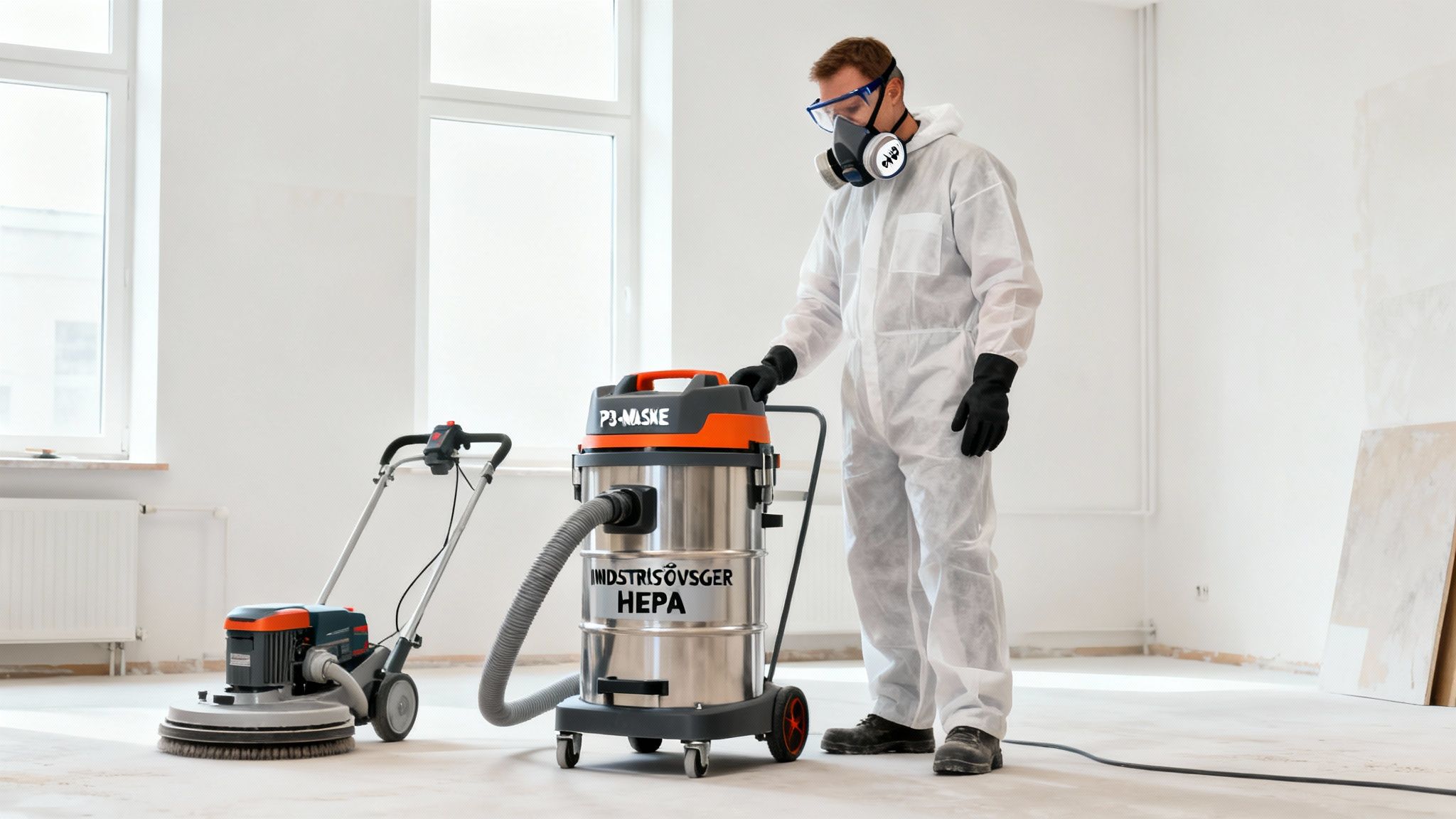 En arbejder i beskyttelsesdragt bruger en gulvsliber og en industristøvsuger under renovering af et rum.