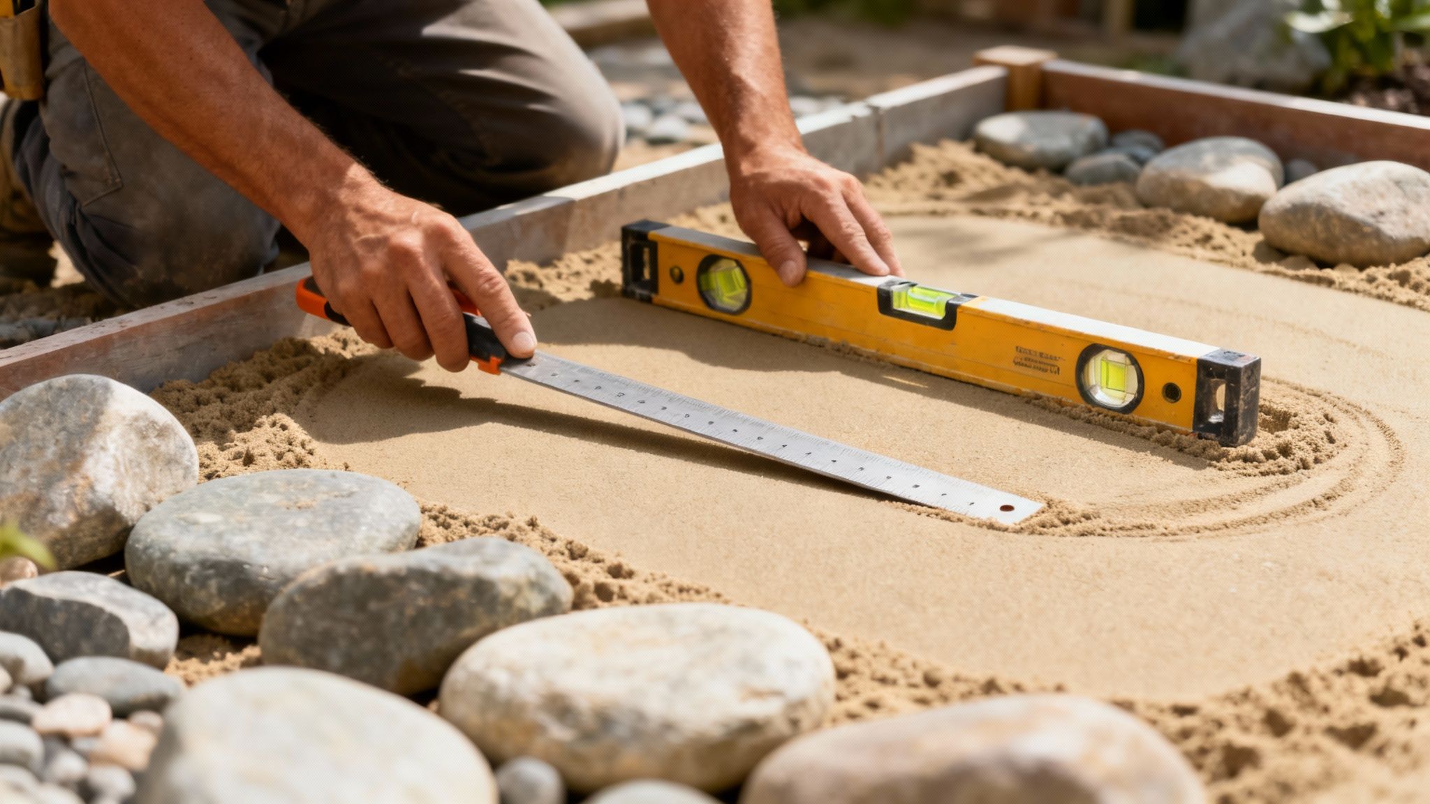 En brolægger bruger en lang retteskinne til at trække afretningssandet jævnt mellem to styr