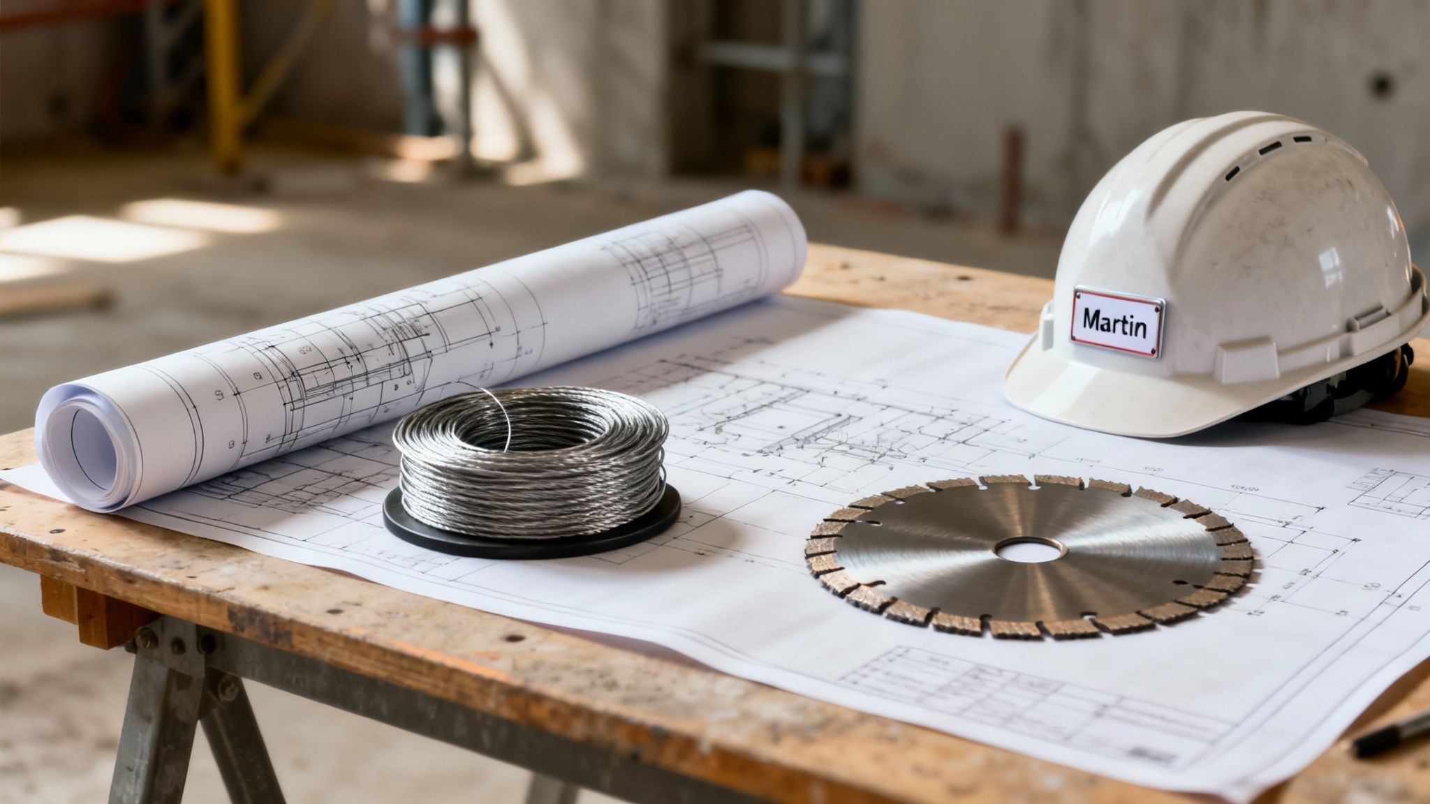 Byggeplaner, en sikkerhedshjelm med navnet Martin, wire og en skæreskive på et arbejdsbord.