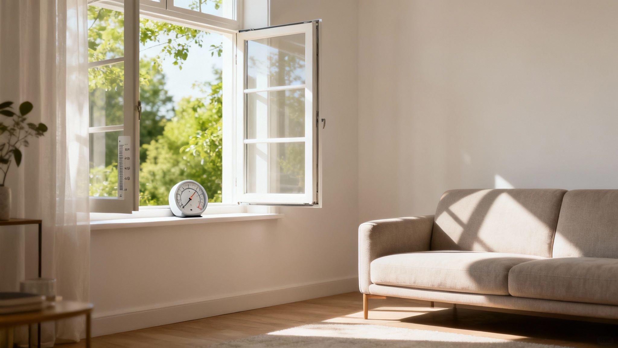 Et lyst og velventileret rum med planter og åbne vinduer, der symboliserer et sundt indeklima.