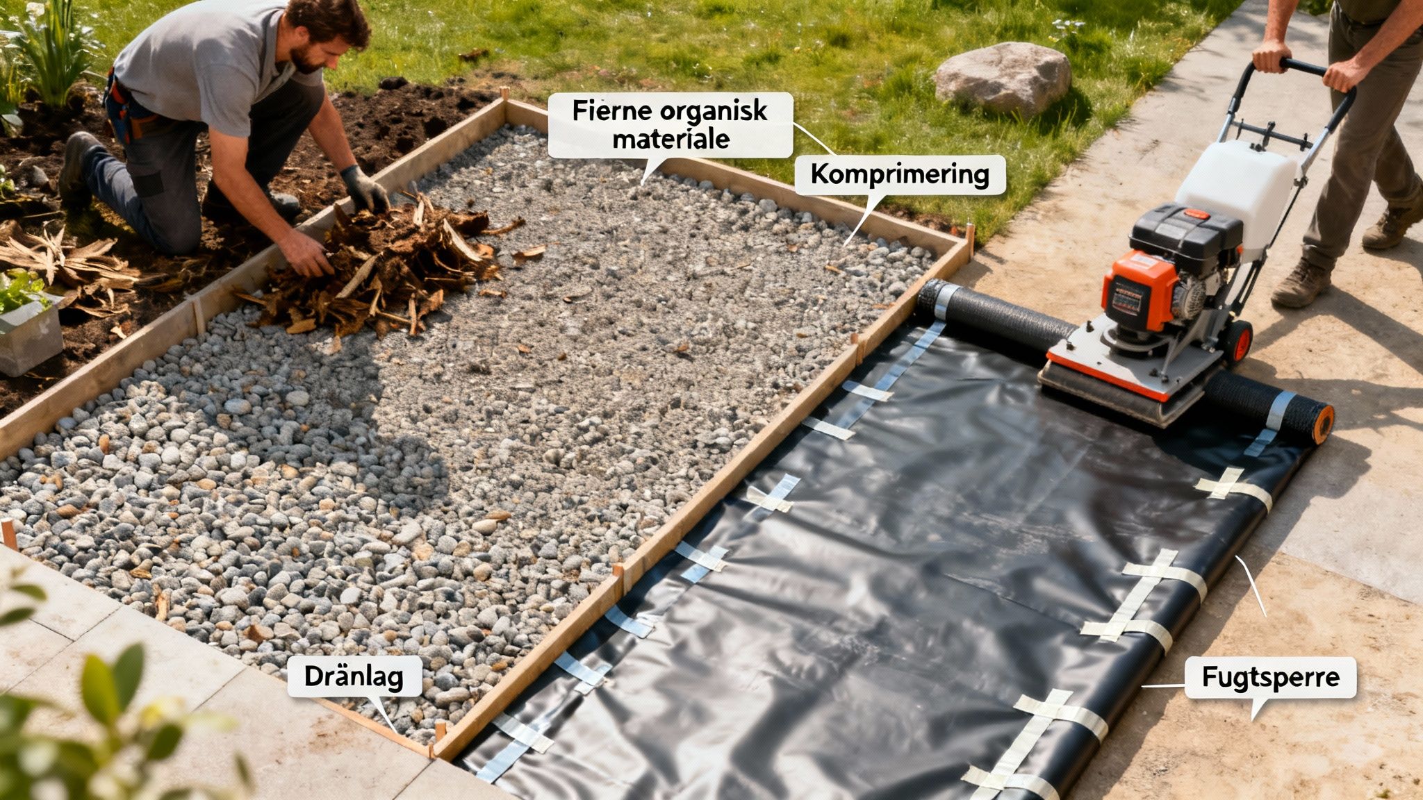Mænd forbereder terræn til gulvstøbning: fjerner organisk materiale, komprimerer grus og lægger fugtspærre.