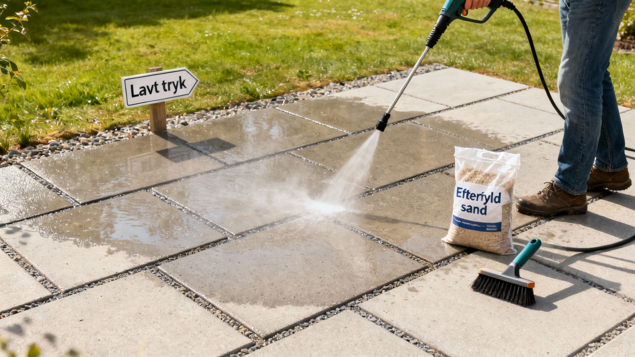 En person rengør terrassefliser med en højtryksrenser ved lavt tryk. En pose fugesand og en kost ligger klar til efterfyldning.