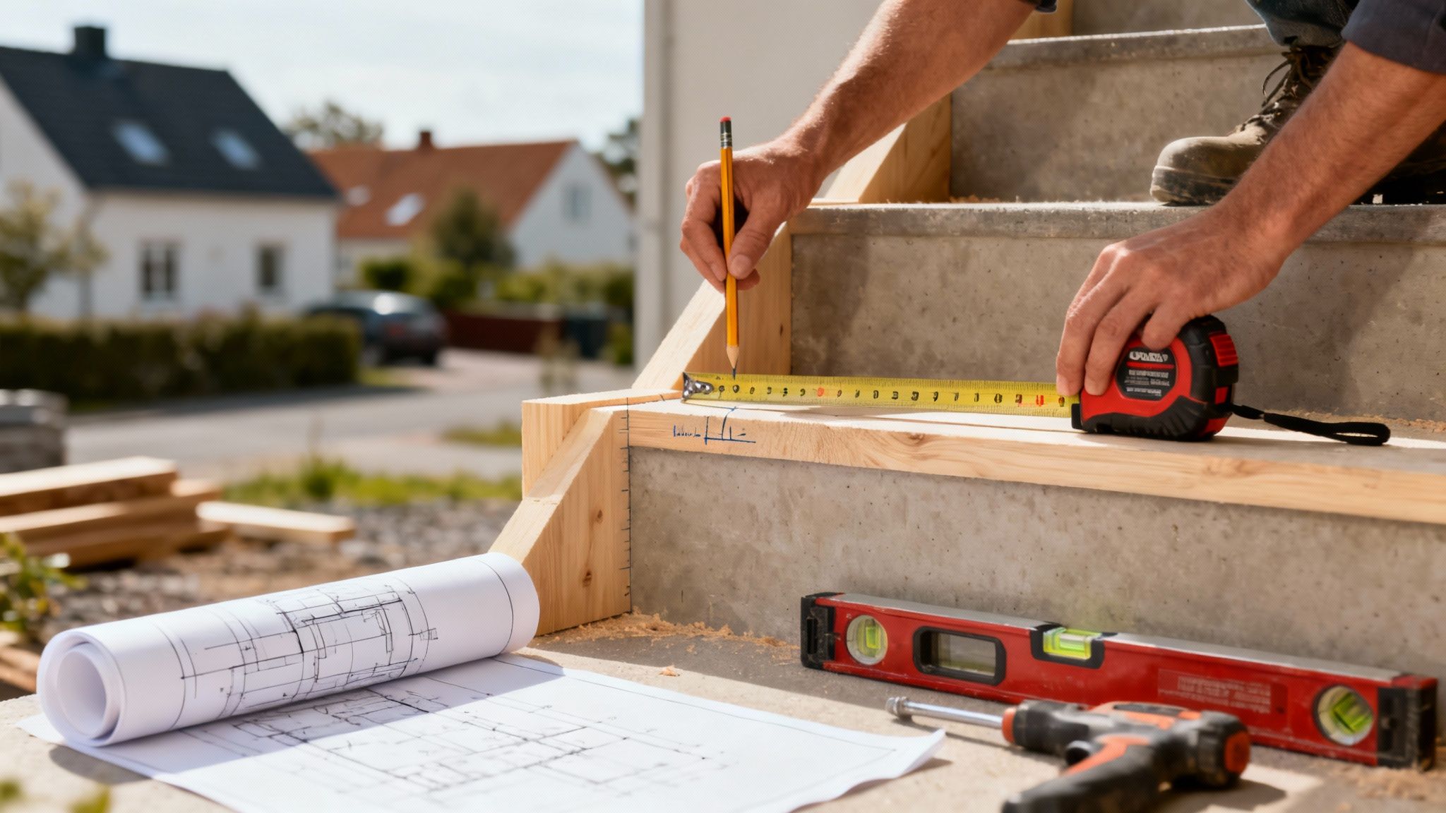 Detaljeret billede af en person, der måler træ til en udendørs trappe med værktøj og tegninger.