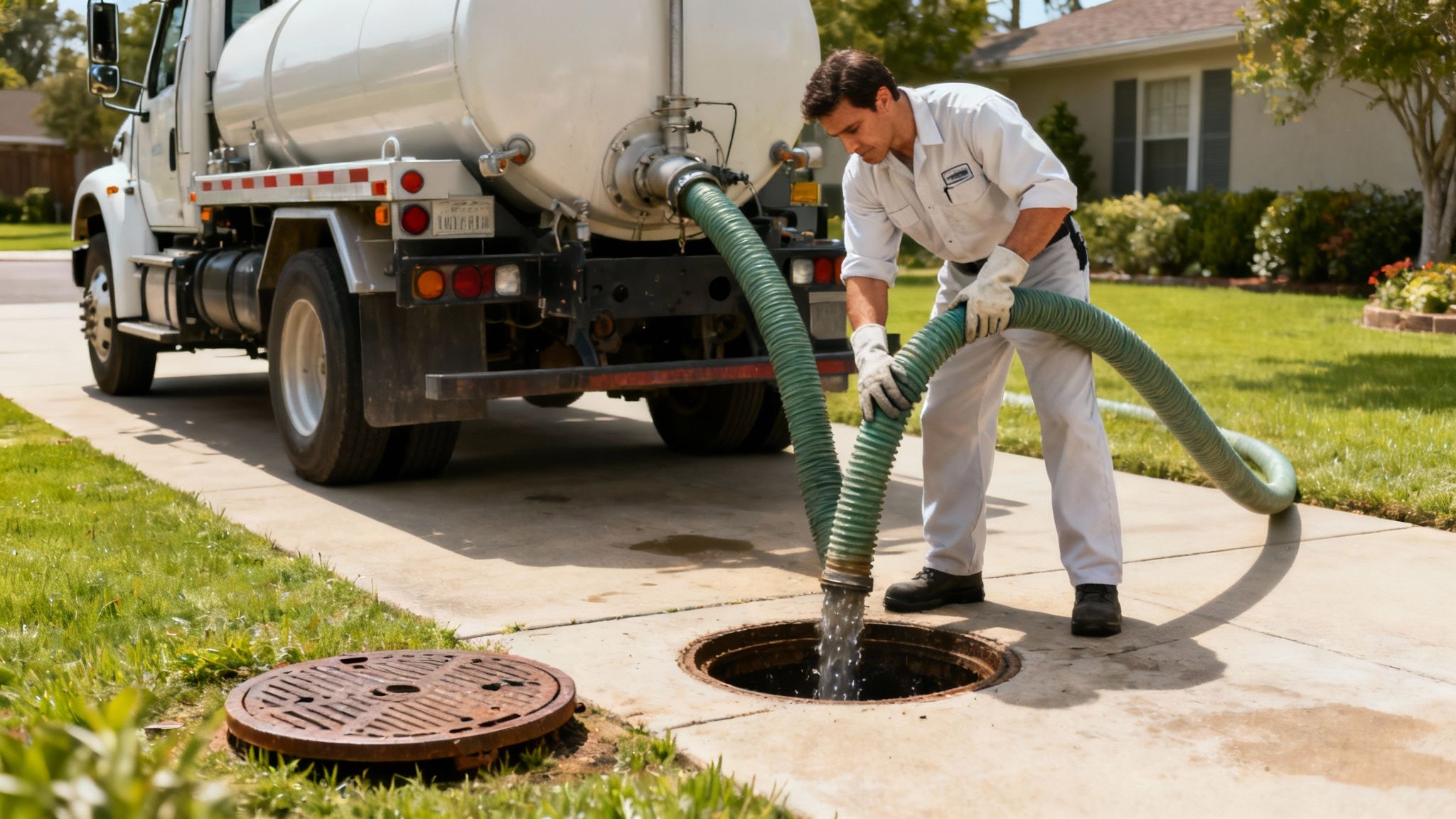 Professionel servicemedarbejder tømmer septiktank med specialiseret vacuumtruck på privat bopæl