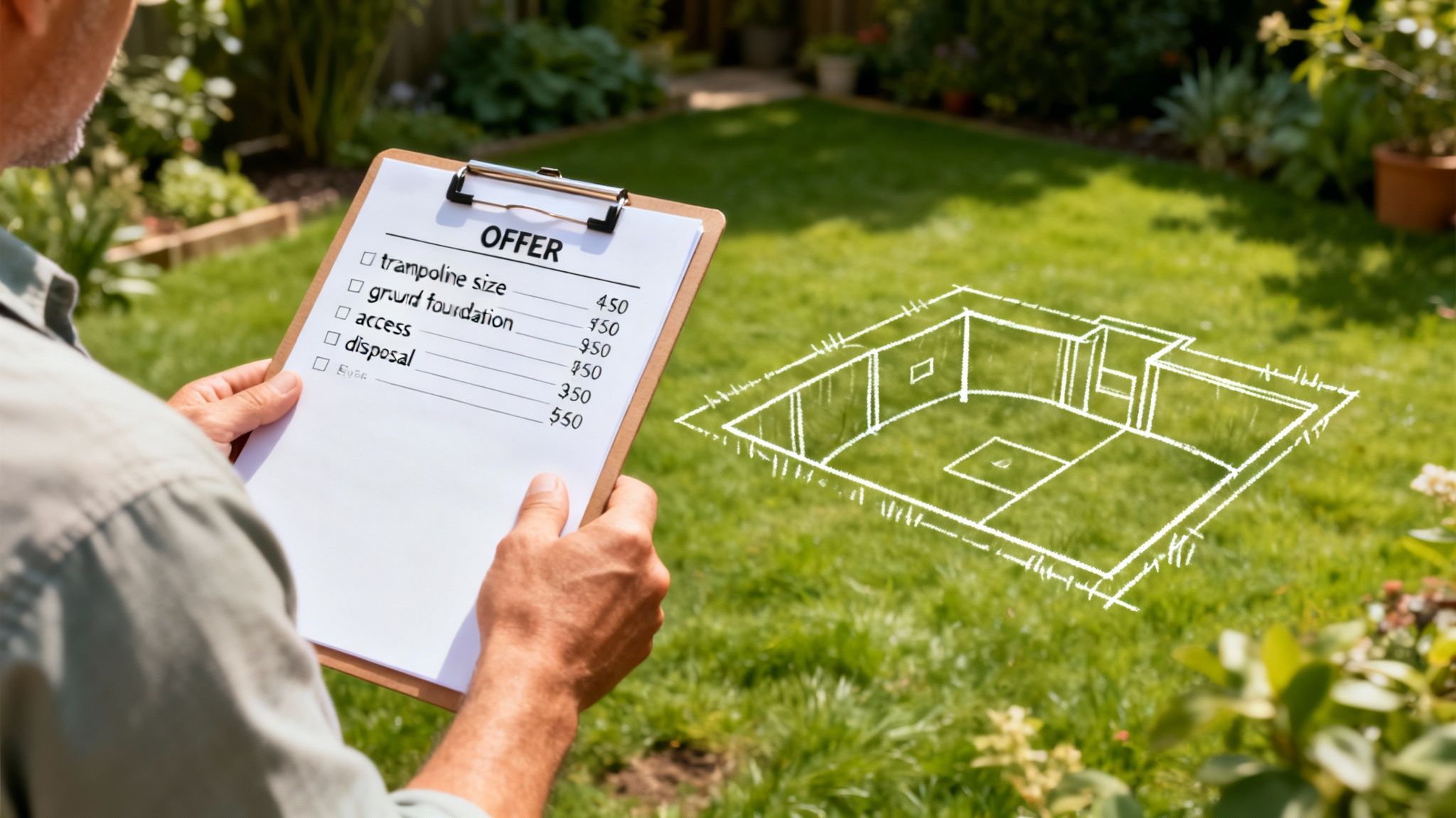 Mand med clipboard viser tilbud på trampolin nedgravning og skitse i en grøn have.