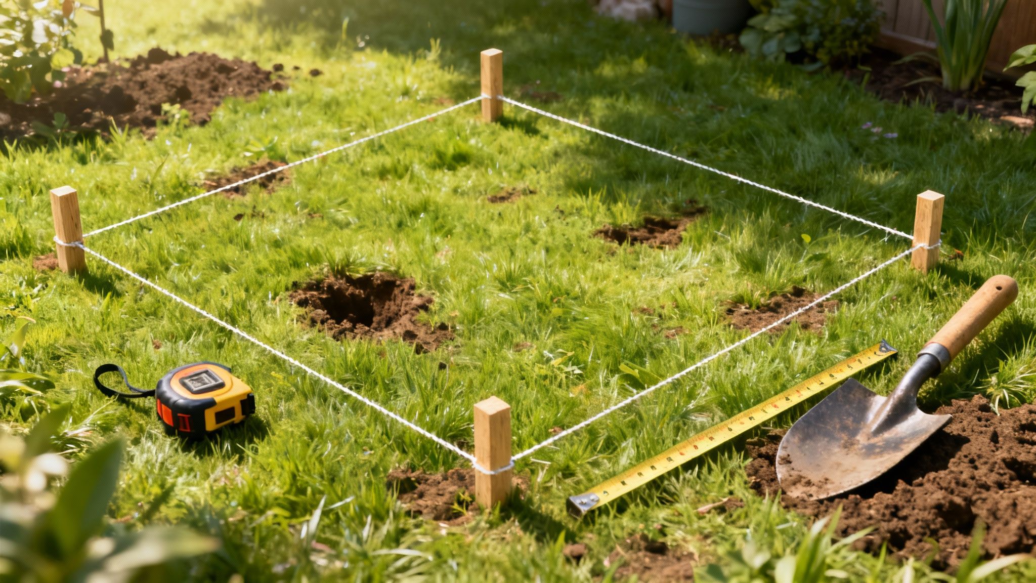 Et kvadratisk område er markeret med pæle og snor i en græsplæne, klar til nedgravning af en trampolin.