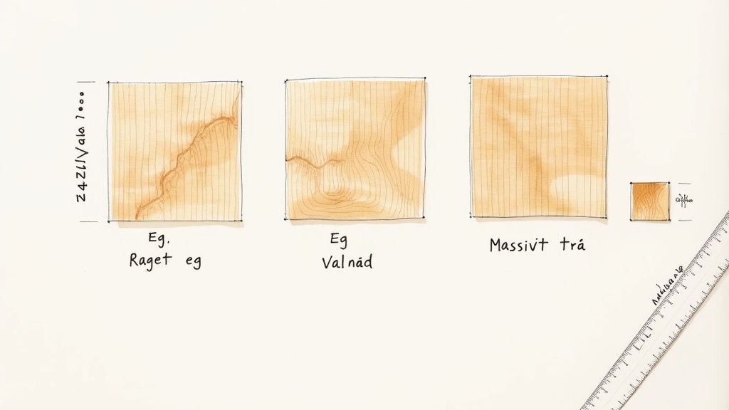 Billede der viser tre forskellige typer træ: eg raget, eg valnád og massivt træ.